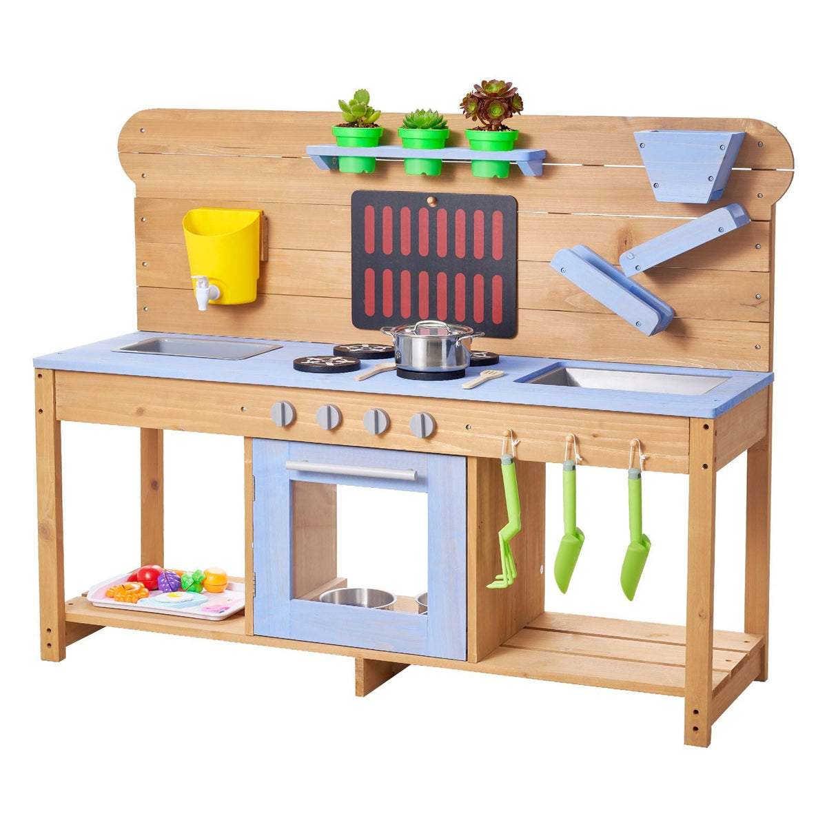 Mud Kitchen, Outdoor Mud Kitchen for Kids, Wood Outdoor Play Kitchens with Stoves, Hooks, Double Sinks, Planting Shovels, Spatulas, Cookware Pots and Accessories, Play with Water and Sand