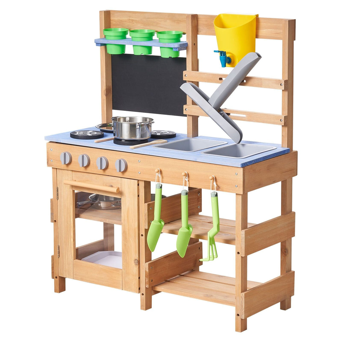 Mud Kitchen, Outdoor Mud Kitchen for Kids, Wood Outdoor Play Kitchens with Stoves, Hooks, Sinks, Planting Shovels, Spatulas, Handle, Cookware Pots and Accessories, Play with Water and Sand