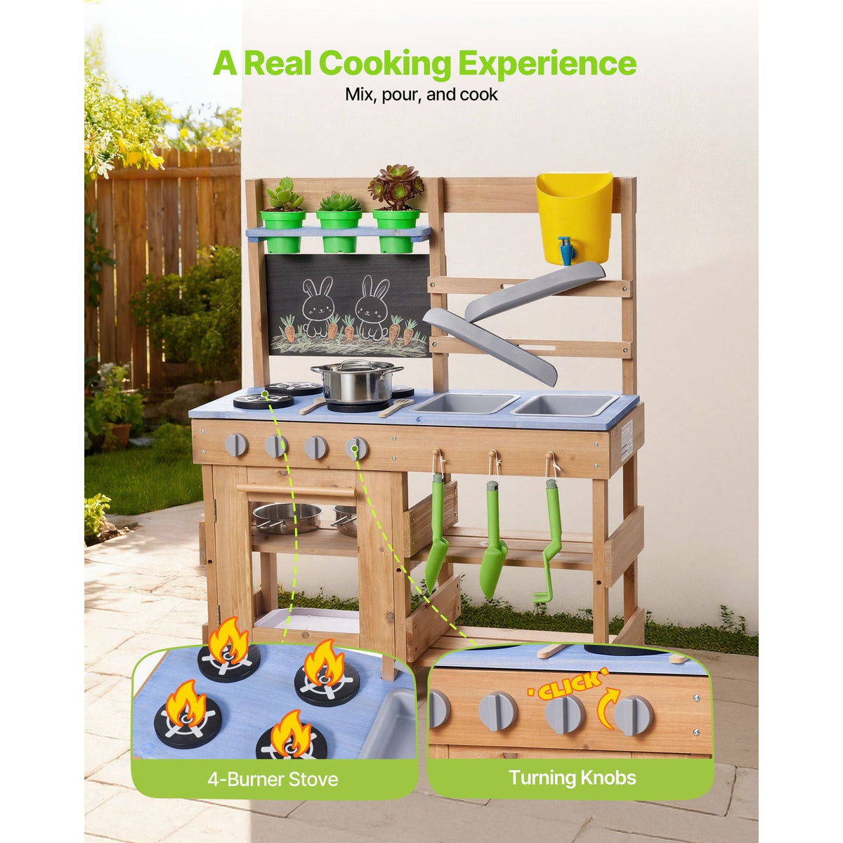 Mud Kitchen, Outdoor Mud Kitchen for Kids, Wood Outdoor Play Kitchens with Stoves, Hooks, Sinks, Planting Shovels, Spatulas, Handle, Cookware Pots and Accessories, Play with Water and Sand