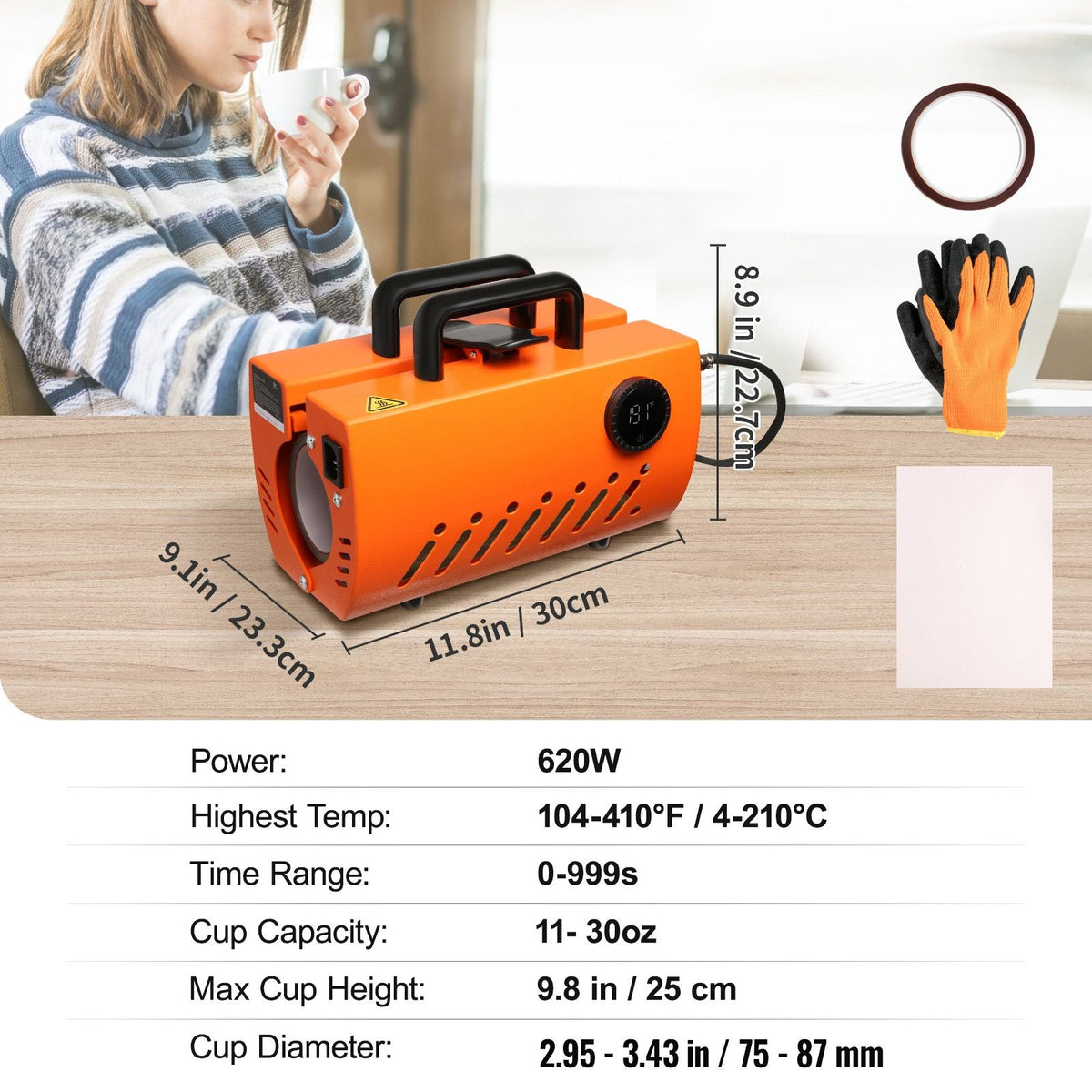 Mug Heat Press Machine, 30oz Tumbler Heat Press, Sublimation Transfer 11-15oz 16-25oz 30oz Straight Skinny Tumblers, Cup Heat Press with Heat-resist Gloves, Tape, DIY Ceramic Mugs Glasses