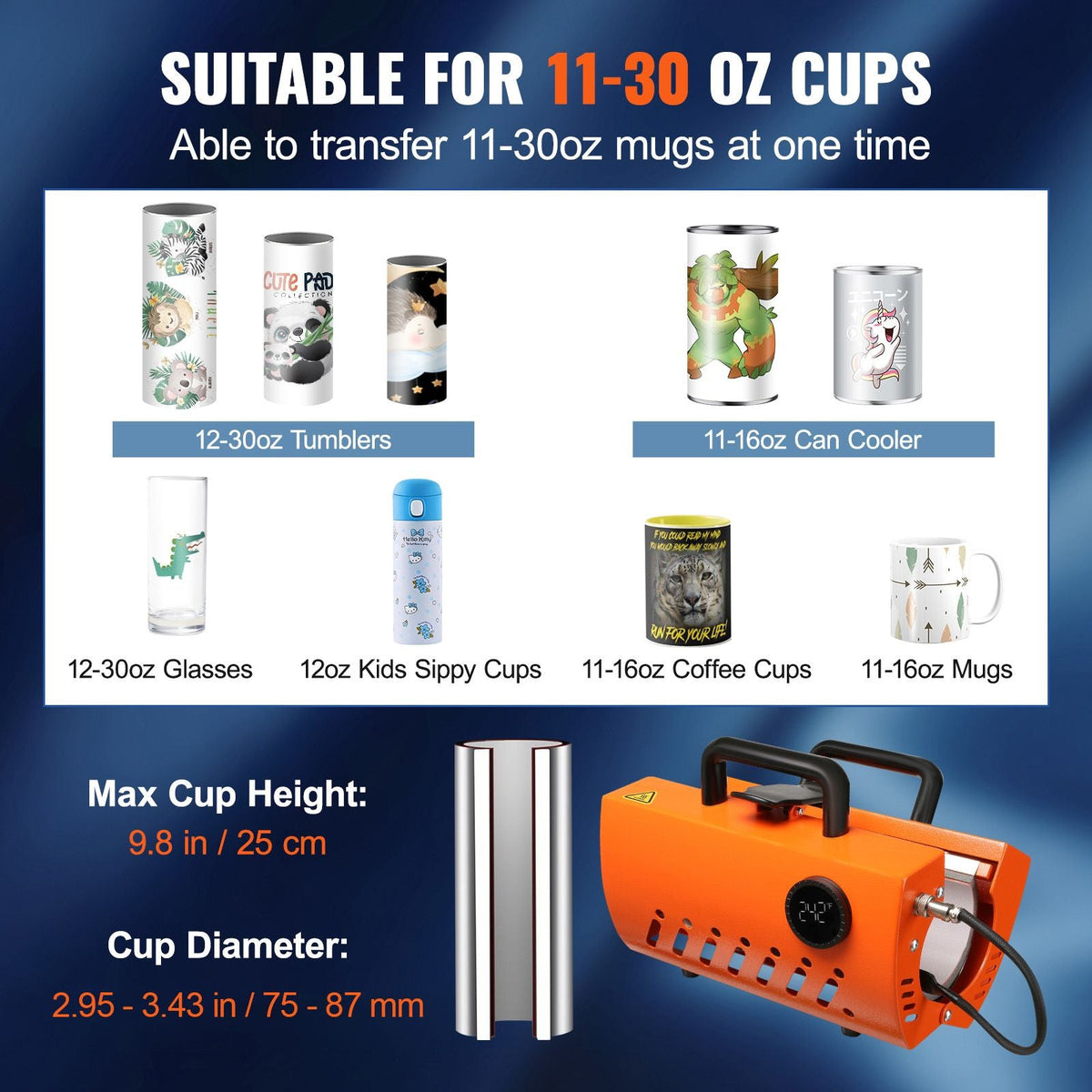 Mug Heat Press Machine, 30oz Tumbler Heat Press, Sublimation Transfer 11-15oz 16-25oz 30oz Straight Skinny Tumblers, Cup Heat Press with Heat-resist Gloves, Tape, DIY Ceramic Mugs Glasses