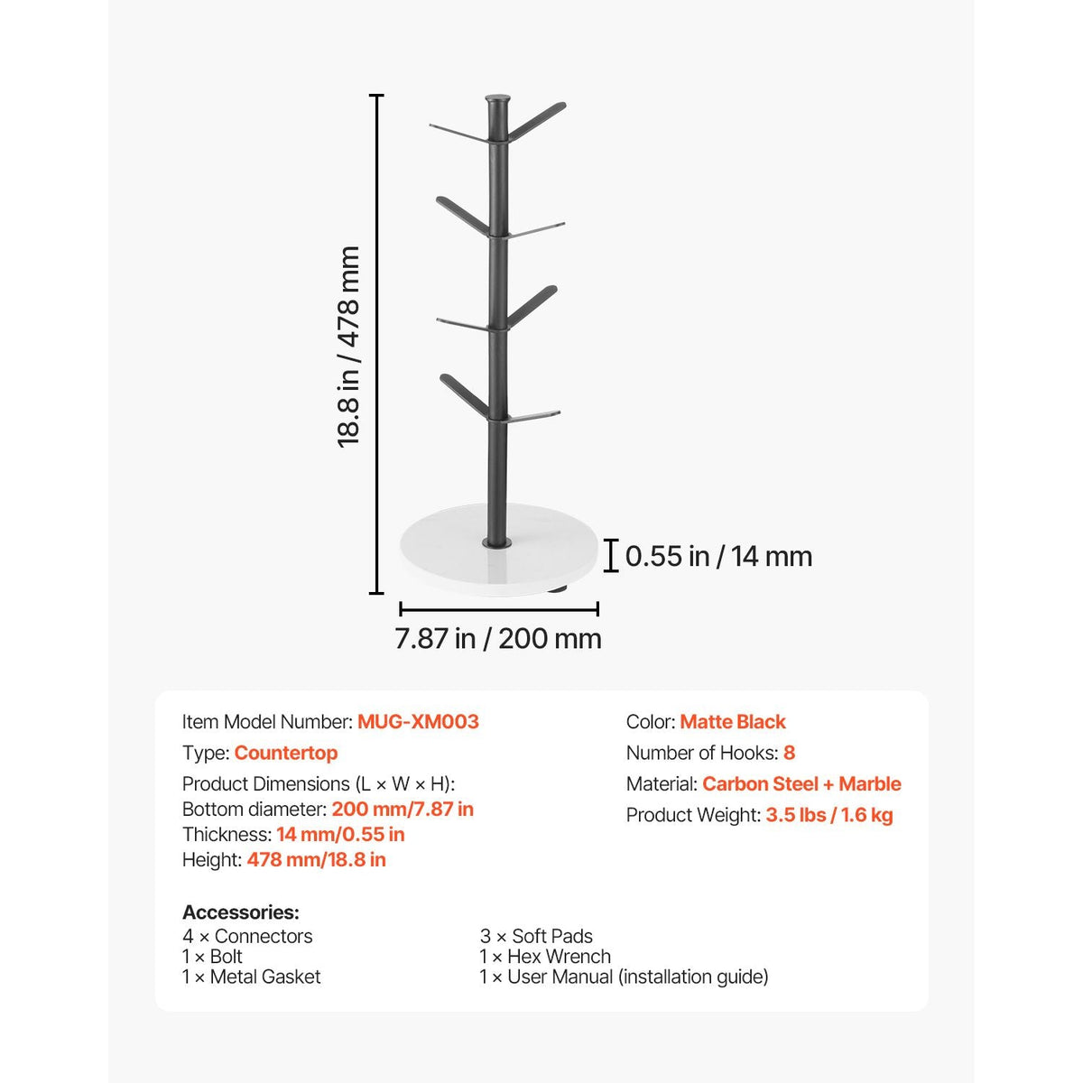Mug Holder Tree with Marble Base, 8 Hooks Coffee Cup Holder for Counter, Carbon Steel Mug Tree Cup Rack Stand, Upgraded Coffee Cup Tree for Coffee Bar Kitchen Home Organizer (Matte Black)