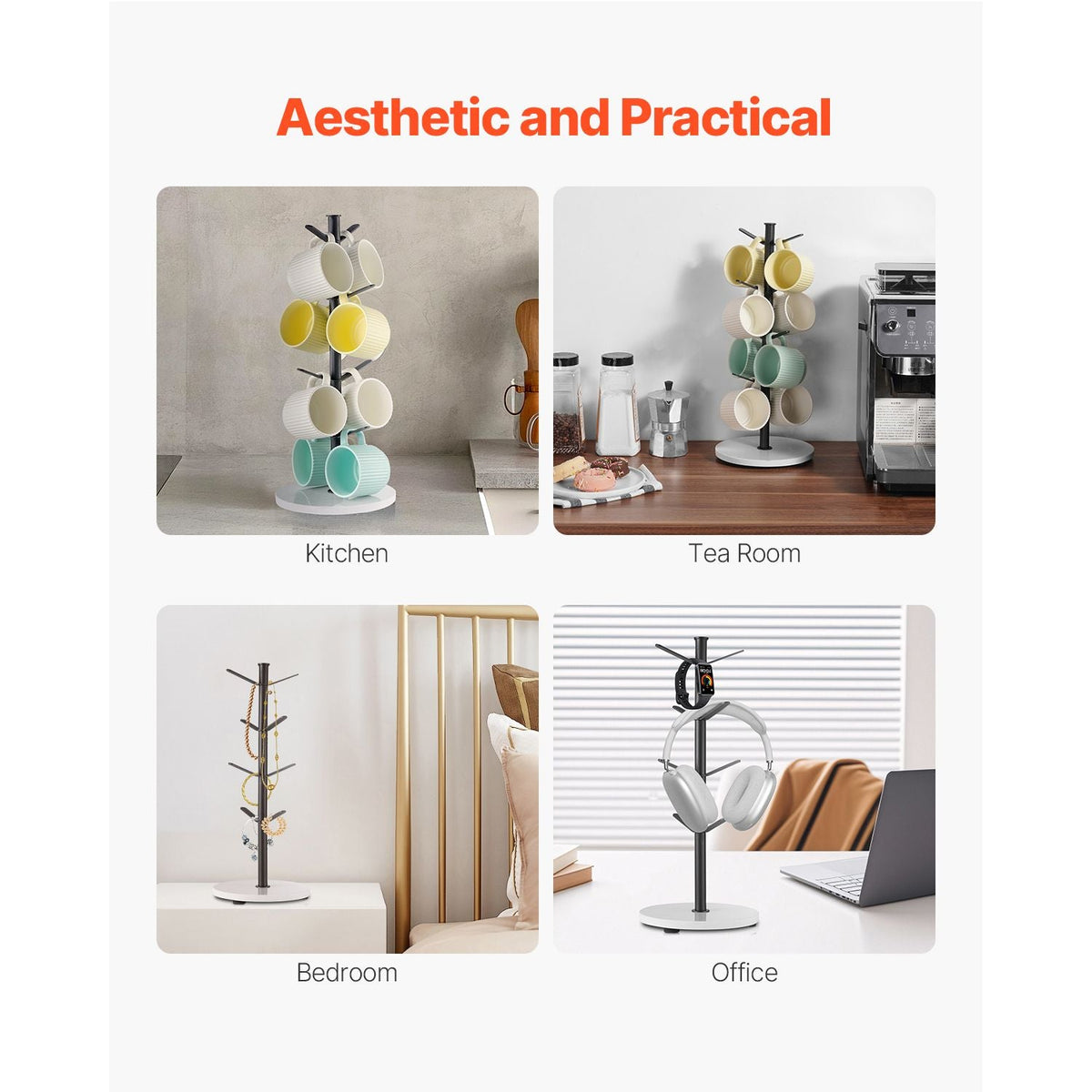 Mug Holder Tree with Marble Base, 8 Hooks Coffee Cup Holder for Counter, Carbon Steel Mug Tree Cup Rack Stand, Upgraded Coffee Cup Tree for Coffee Bar Kitchen Home Organizer (Matte Black)