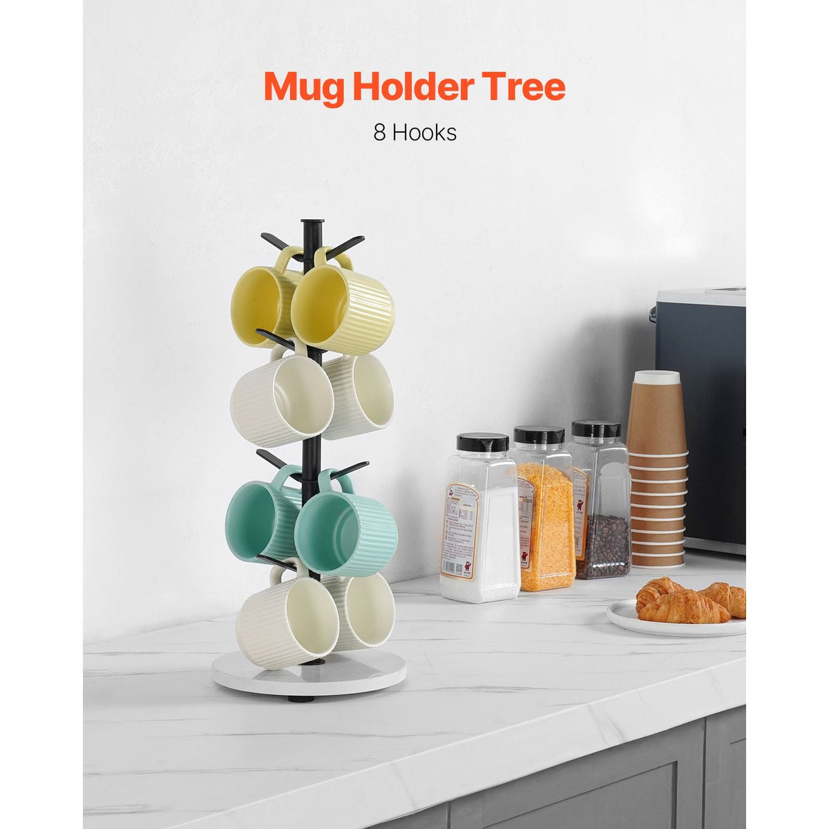 Mug Holder Tree with Marble Base, 8 Hooks Coffee Cup Holder for Counter, Carbon Steel Mug Tree Cup Rack Stand, Upgraded Coffee Cup Tree for Coffee Bar Kitchen Home Organizer (Matte Black)