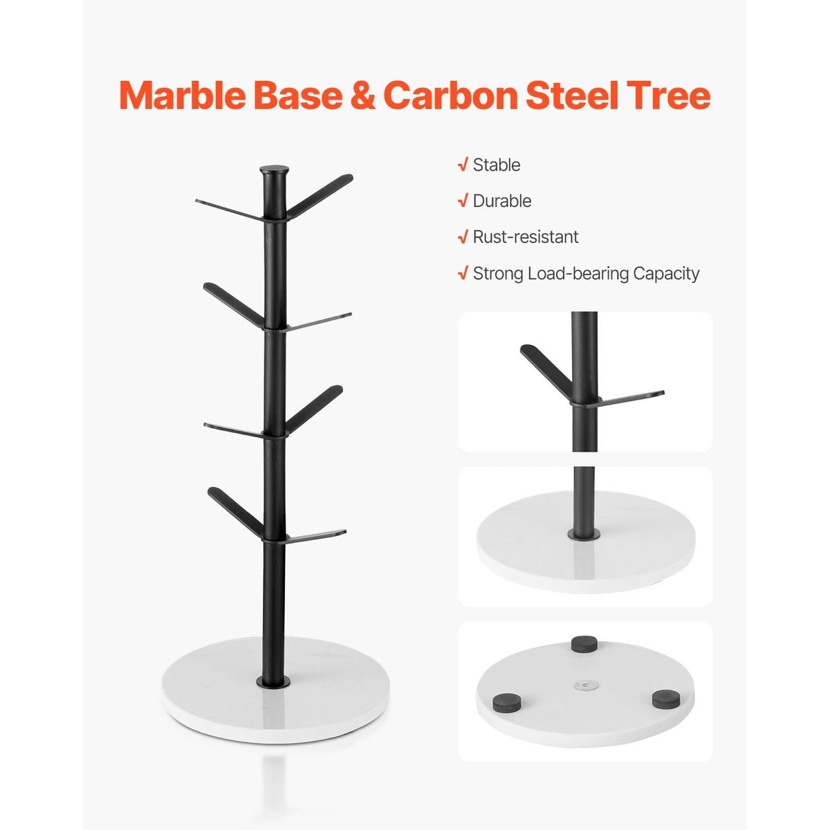 Mug Holder Tree with Marble Base, 8 Hooks Coffee Cup Holder for Counter, Carbon Steel Mug Tree Cup Rack Stand, Upgraded Coffee Cup Tree for Coffee Bar Kitchen Home Organizer (Matte Black)