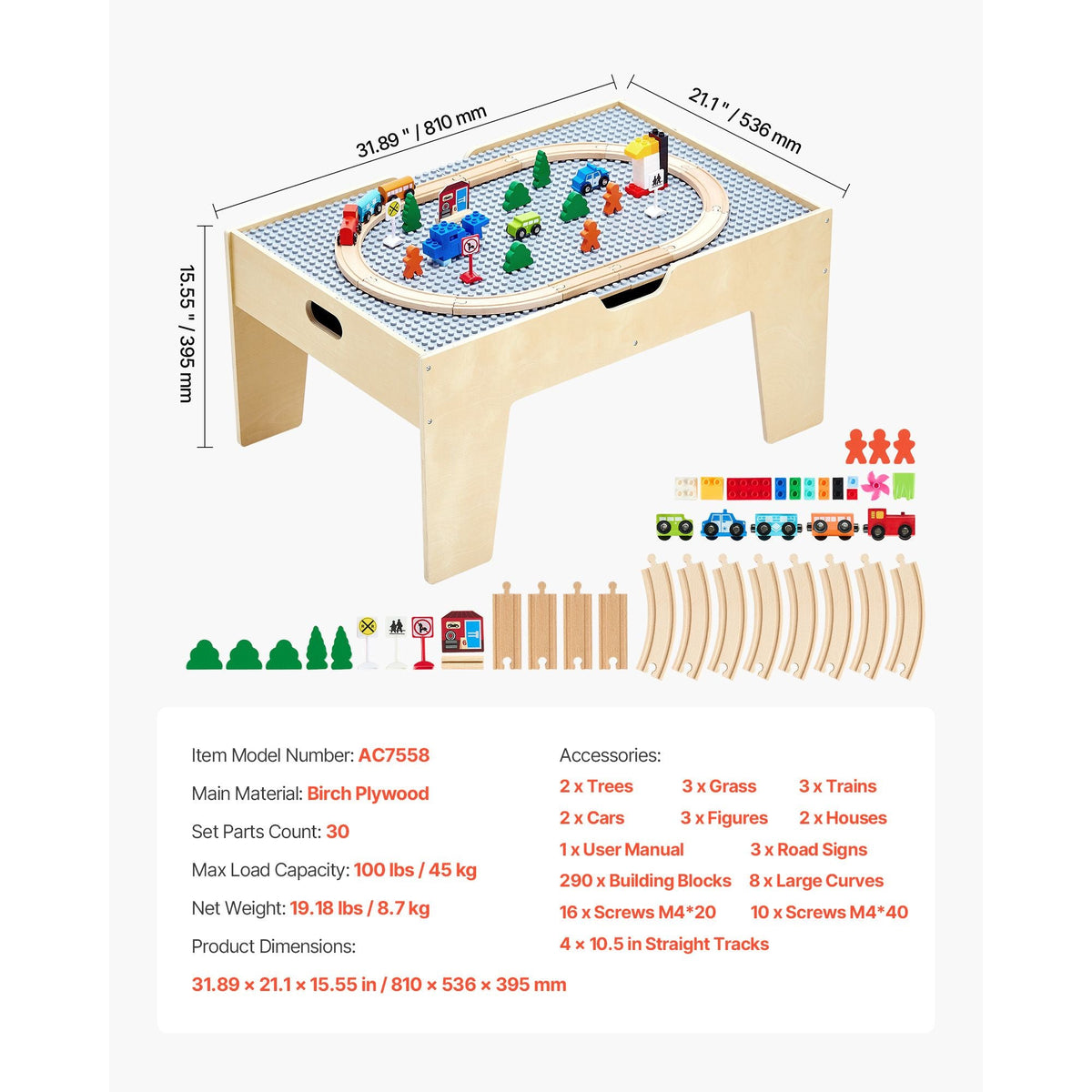 Multi-Purpose Activity Play Table, 290 Building Bricks and 30-Piece Wooden Train Set Railway, Vehicles, Tracks and Accessories, Wooden Kids Activity Table with Storage Area for Kids Ages 3+