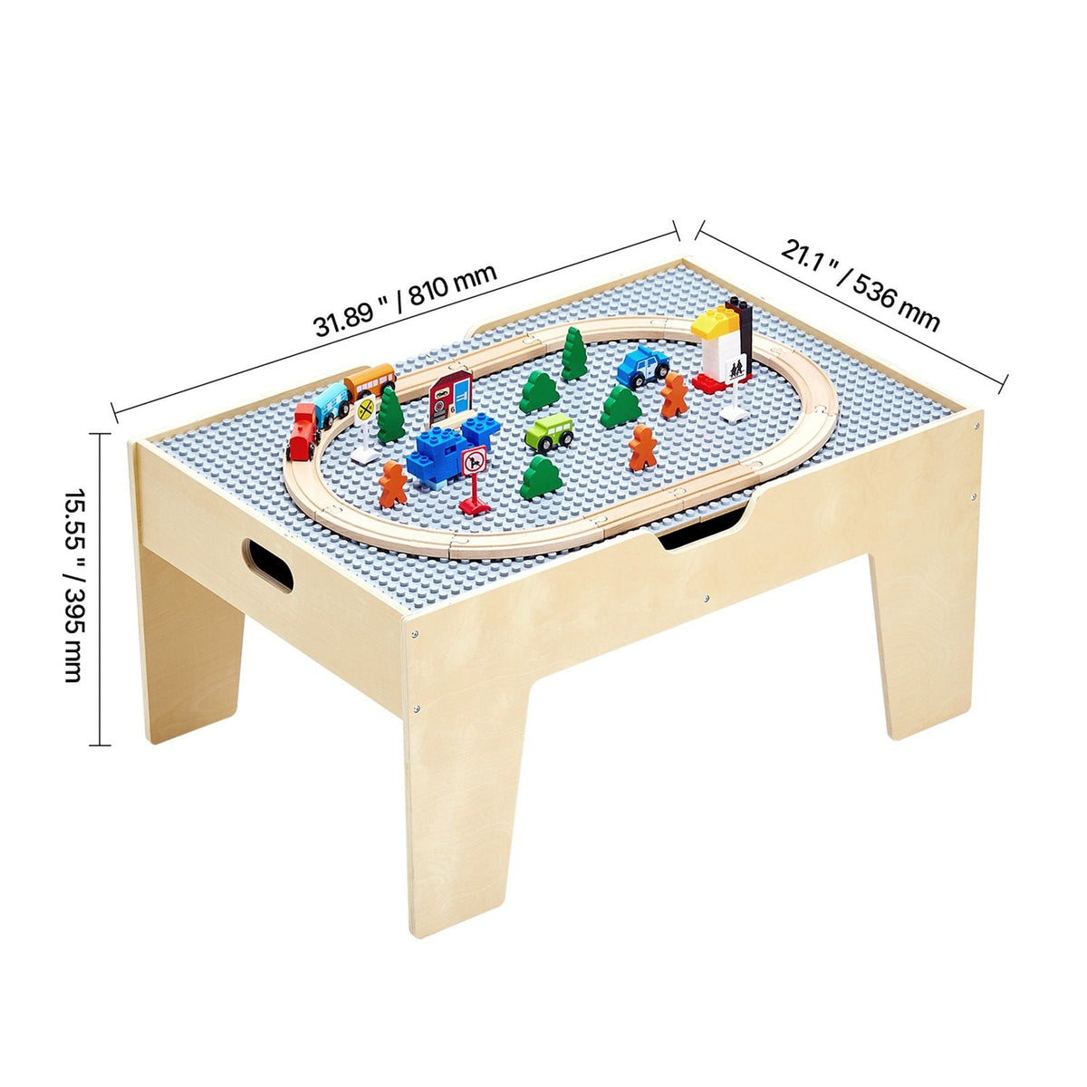 Multi-Purpose Activity Play Table, 290 Building Bricks and 30-Piece Wooden Train Set Railway, Vehicles, Tracks and Accessories, Wooden Kids Activity Table with Storage Area for Kids Ages 3+