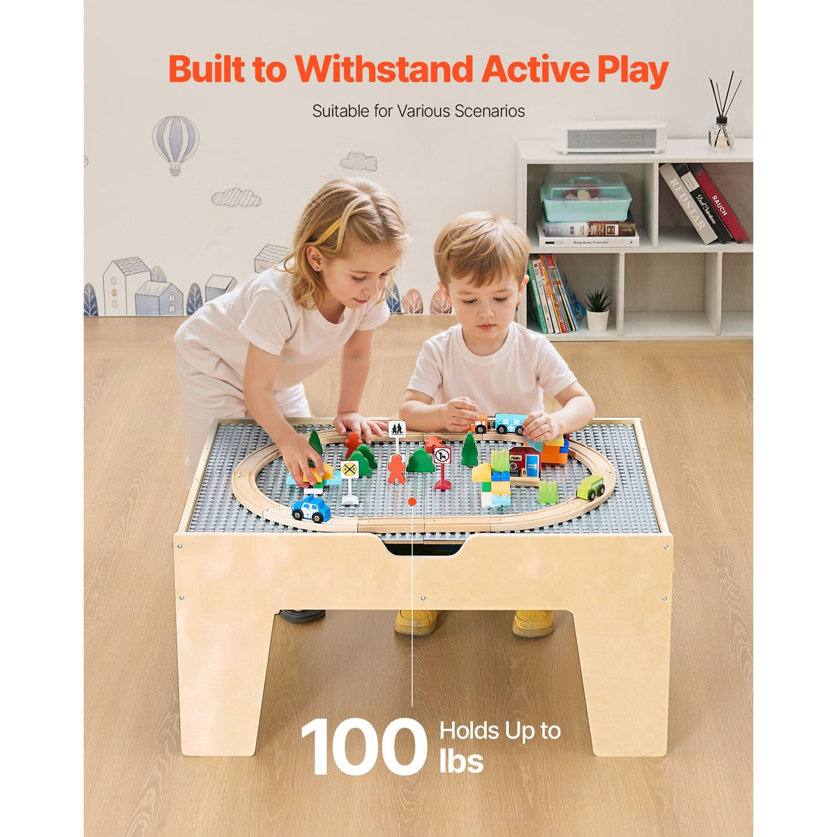 Multi-Purpose Activity Play Table, 290 Building Bricks and 30-Piece Wooden Train Set Railway, Vehicles, Tracks and Accessories, Wooden Kids Activity Table with Storage Area for Kids Ages 3+