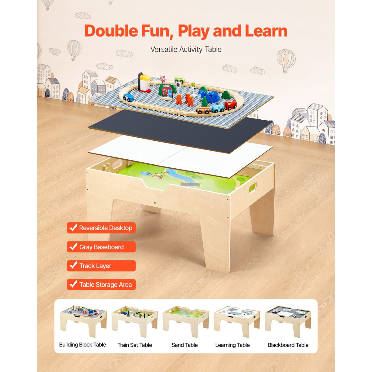 Multi-Purpose Activity Play Table, 290 Building Bricks and 30-Piece Wooden Train Set Railway, Vehicles, Tracks and Accessories, Wooden Kids Activity Table with Storage Area for Kids Ages 3+