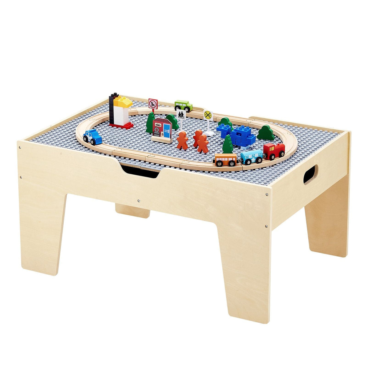 Multi-Purpose Activity Play Table, 290 Building Bricks and 30-Piece Wooden Train Set Railway, Vehicles, Tracks and Accessories, Wooden Kids Activity Table with Storage Area for Kids Ages 3+