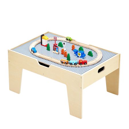 Multi-Purpose Activity Play Table, 290 Building Bricks and 30-Piece Wooden Train Set Railway, Vehicles, Tracks and Accessories, Wooden Kids Activity Table with Storage Area for Kids Ages 3+