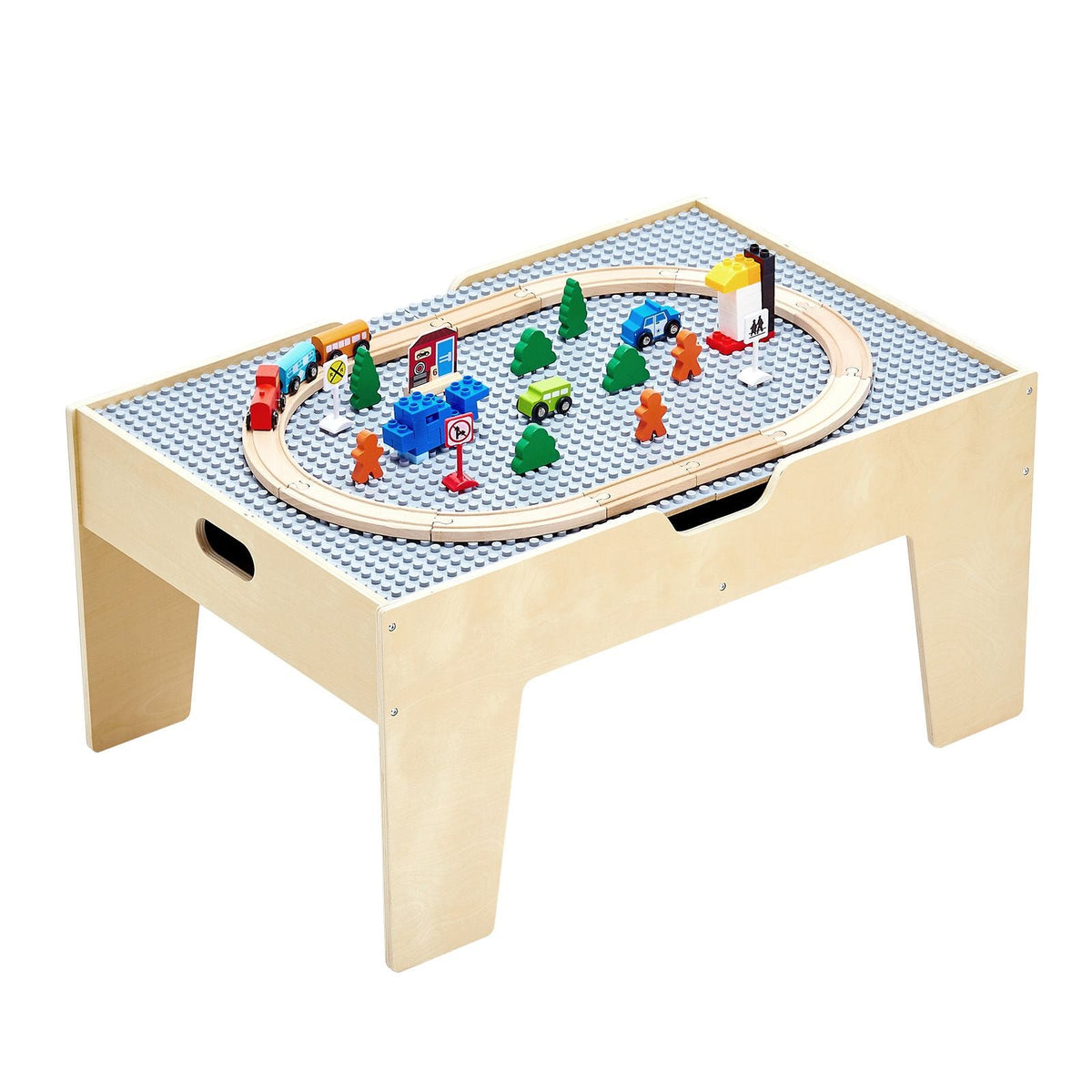 Multi-Purpose Activity Play Table, 290 Building Bricks and 30-Piece Wooden Train Set Railway, Vehicles, Tracks and Accessories, Wooden Kids Activity Table with Storage Area for Kids Ages 3+