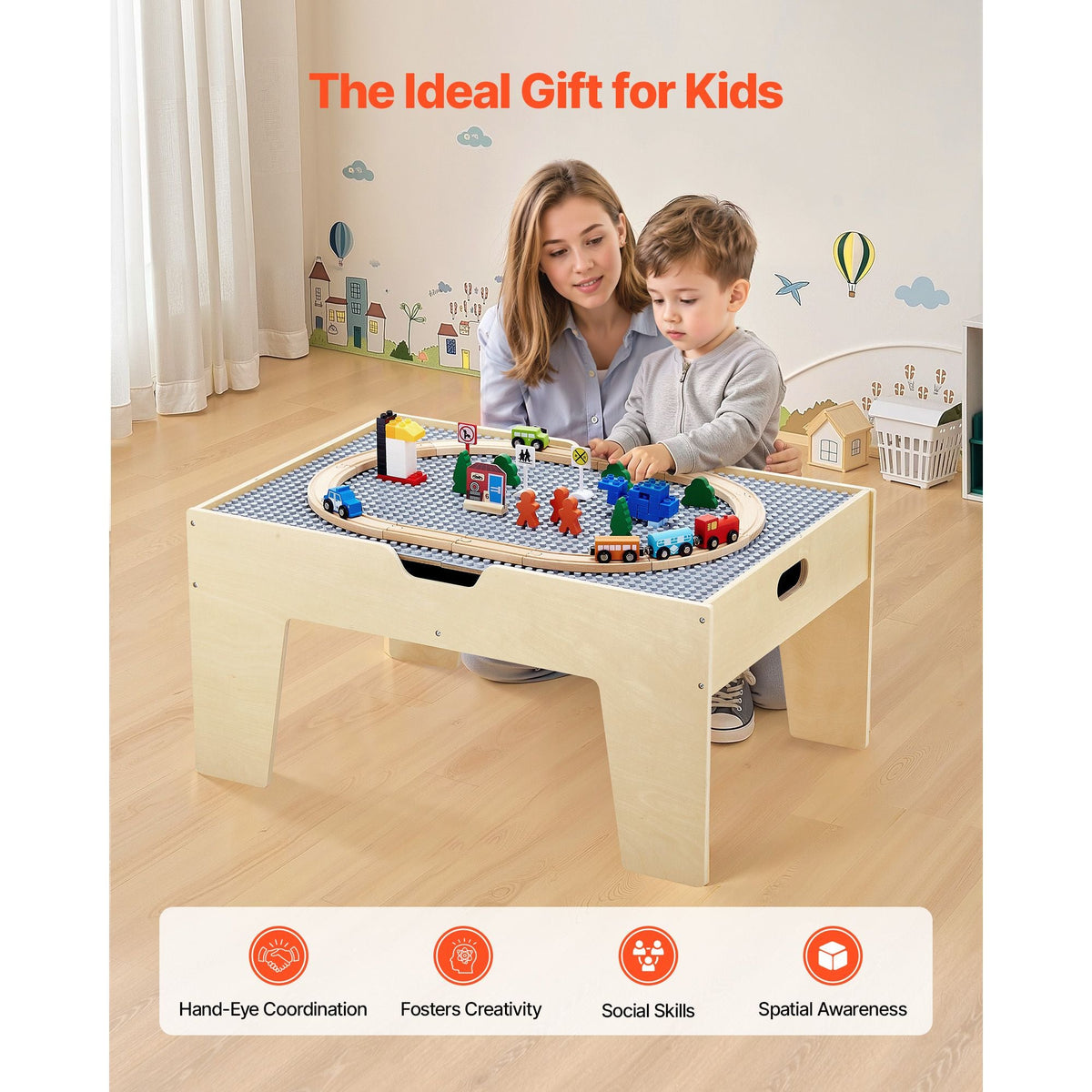 Multi-Purpose Activity Play Table, 290 Building Bricks and 30-Piece Wooden Train Set Railway, Vehicles, Tracks and Accessories, Wooden Kids Activity Table with Storage Area for Kids Ages 3+