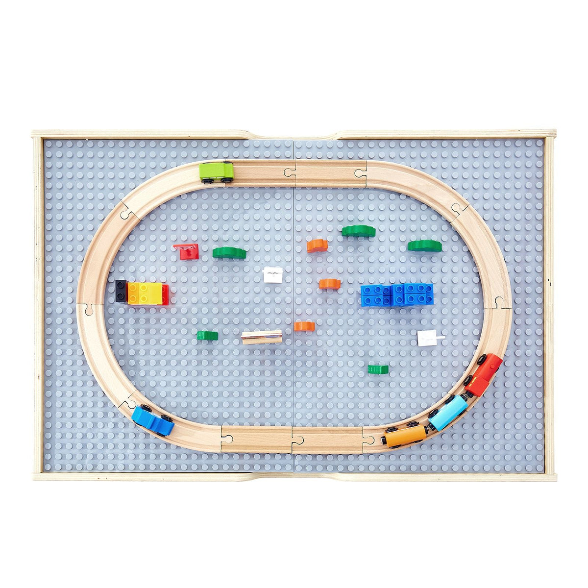 Multi-Purpose Activity Play Table, 290 Building Bricks and 30-Piece Wooden Train Set Railway, Vehicles, Tracks and Accessories, Wooden Kids Activity Table with Storage Area for Kids Ages 3+