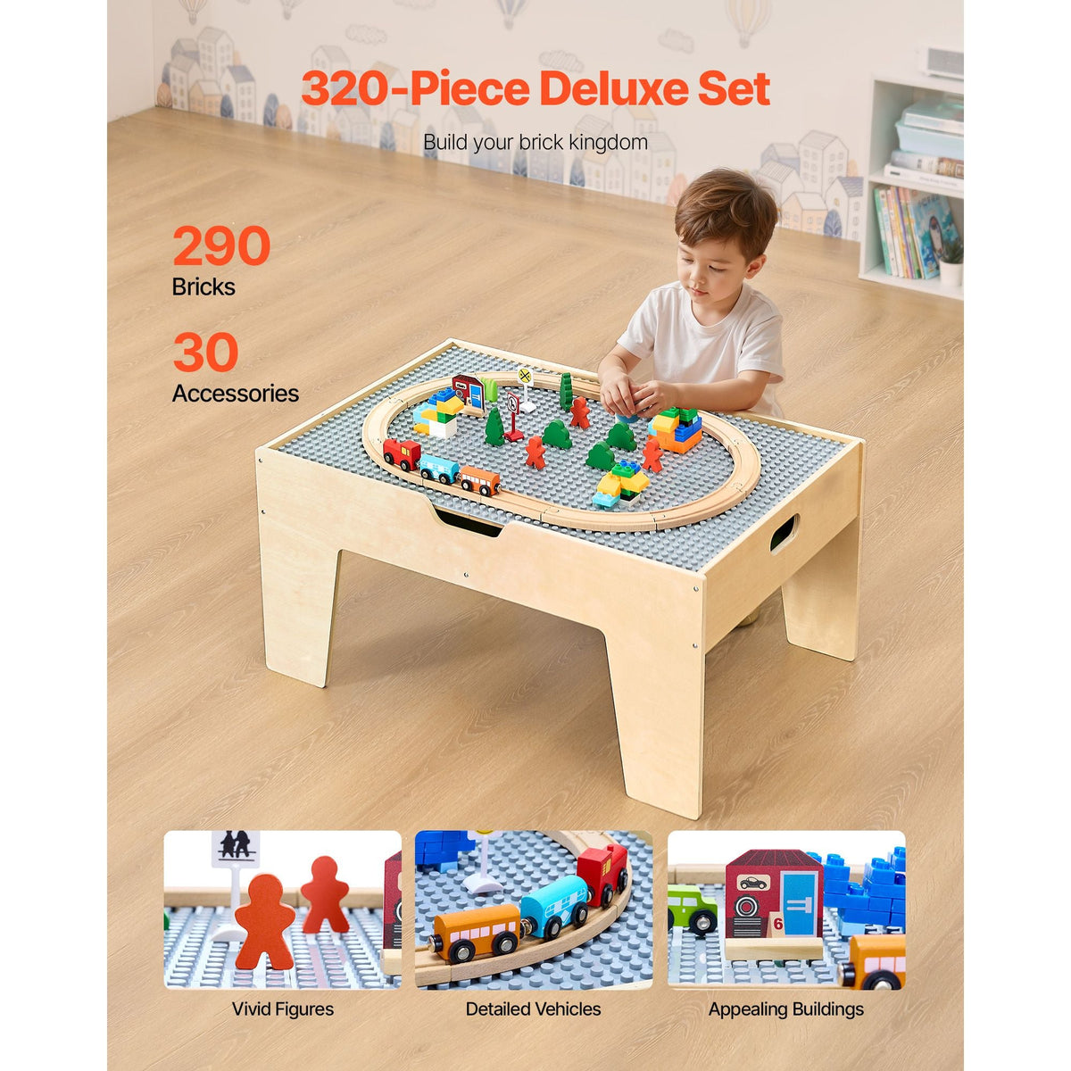 Multi-Purpose Activity Play Table, 290 Building Bricks and 30-Piece Wooden Train Set Railway, Vehicles, Tracks and Accessories, Wooden Kids Activity Table with Storage Area for Kids Ages 3+