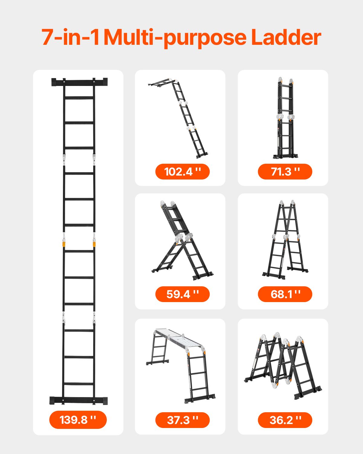 Multi-Purpose Folding Ladder, 7-in-1 Tall Extension Step Ladder, A Frame 3 Step with Scaffolding Plank Telescoping Ladder, 12ft Reach Height Heavy Duty Ladder, 330 lbs Capacity for Home Outdoor