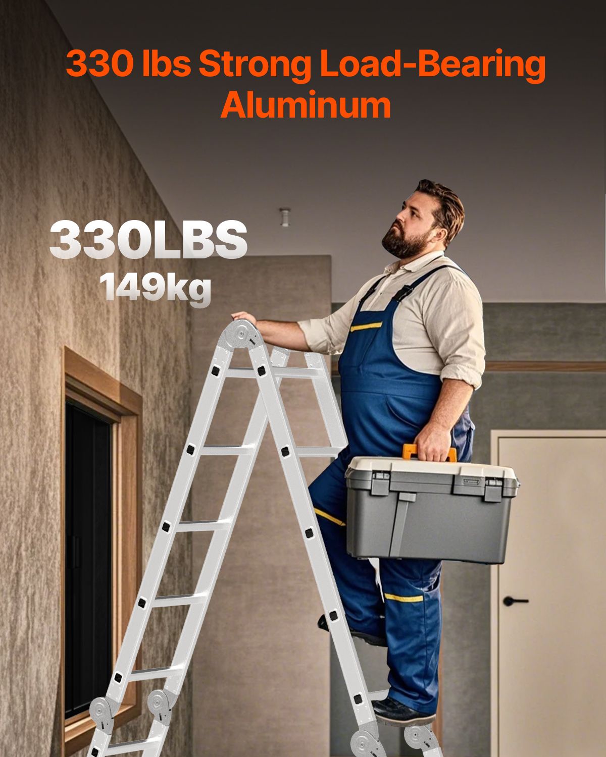 Multi-Purpose Folding Ladder, 7-in-1 Tall Extension Step Ladder, A Frame 4 Step Telescoping Ladder, 15.5ft Reach Height Heavy Duty Adjustable Ladder, 330 lbs Capacity for Home Outdoor