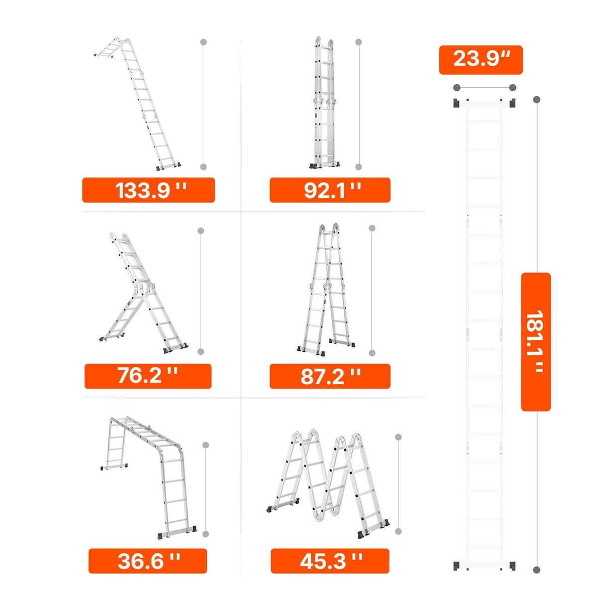 Multi-Purpose Folding Ladder, 7-in-1 Tall Extension Step Ladder, A Frame 4 Step Telescoping Ladder, 15.5ft Reach Height Heavy Duty Adjustable Ladder, 330 lbs Capacity for Home Outdoor