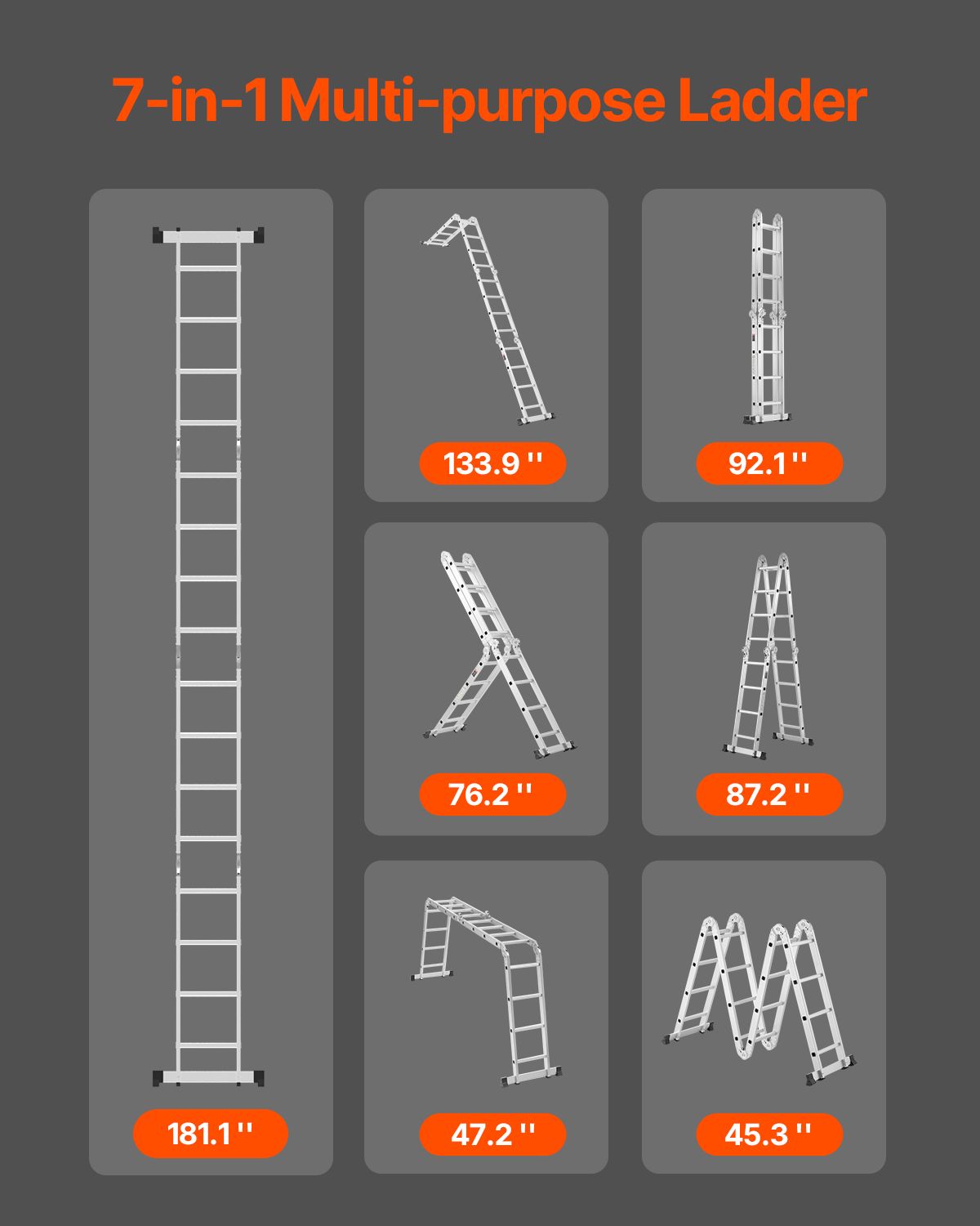 Multi-Purpose Folding Ladder, 7-in-1 Tall Extension Step Ladder, A Frame 4 Step Telescoping Ladder, 15.5ft Reach Height Heavy Duty Adjustable Ladder, 330 lbs Capacity for Home Outdoor