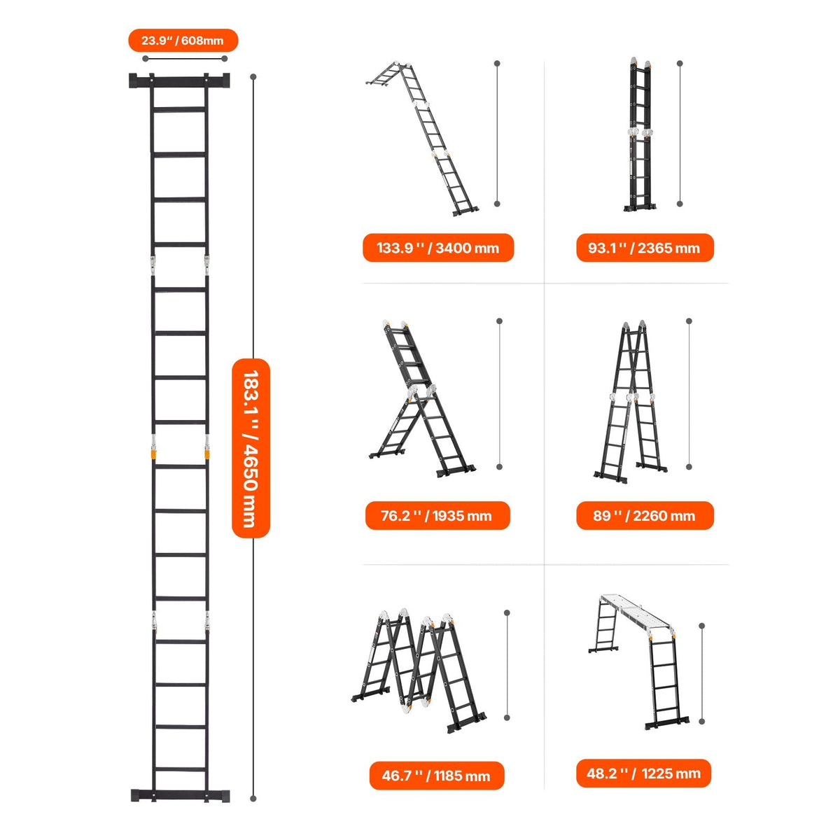 Multi-Purpose Folding Ladder, 7-in-1 Tall Extension Step Ladder, A Frame 4 Step with Scaffolding Plank Telescoping Ladder, 15.5ft Reach Height Heavy Duty , 330 lbs Capacity for Home Outdoor