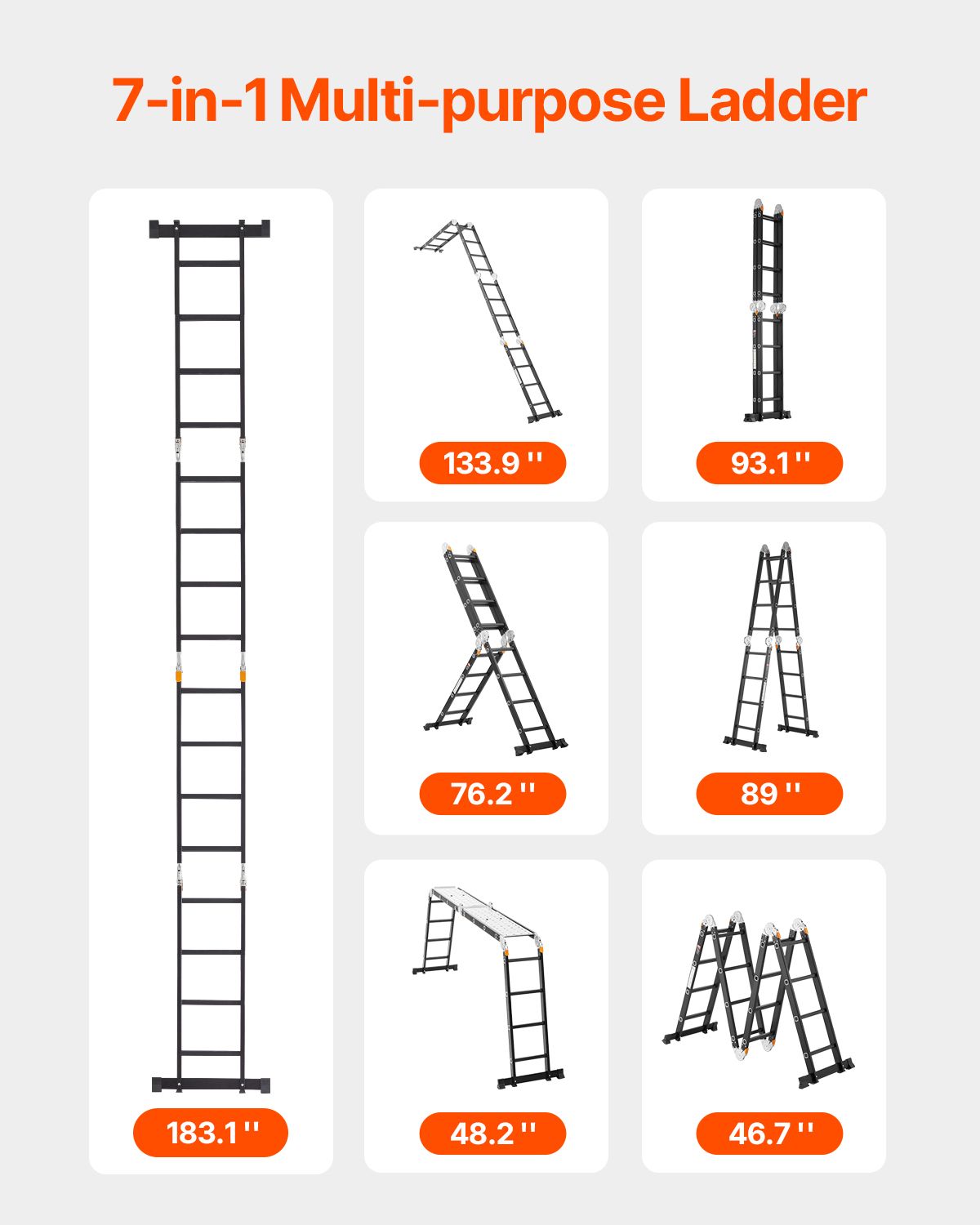 Multi-Purpose Folding Ladder, 7-in-1 Tall Extension Step Ladder, A Frame 4 Step with Scaffolding Plank Telescoping Ladder, 15.5ft Reach Height Heavy Duty , 330 lbs Capacity for Home Outdoor
