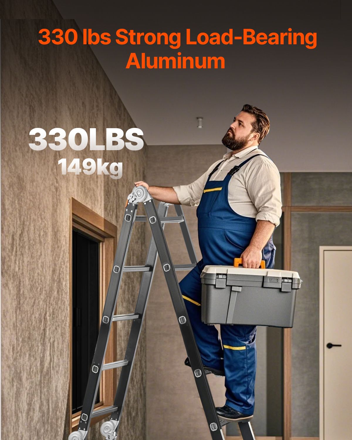 Multi-Purpose Folding Ladder, 7-in-1 Tall Extension Step Ladder, A Frame 4 Step with Scaffolding Plank Telescoping Ladder, 15.5ft Reach Height Heavy Duty , 330 lbs Capacity for Home Outdoor