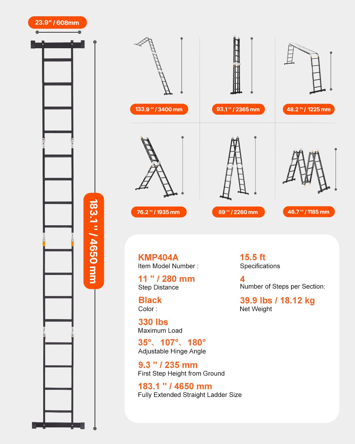 Multi-Purpose Folding Ladder, 7-in-1 Tall Extension Step Ladder, A Frame 4 Step with Scaffolding Plank Telescoping Ladder, 15.5ft Reach Height Heavy Duty , 330 lbs Capacity for Home Outdoor