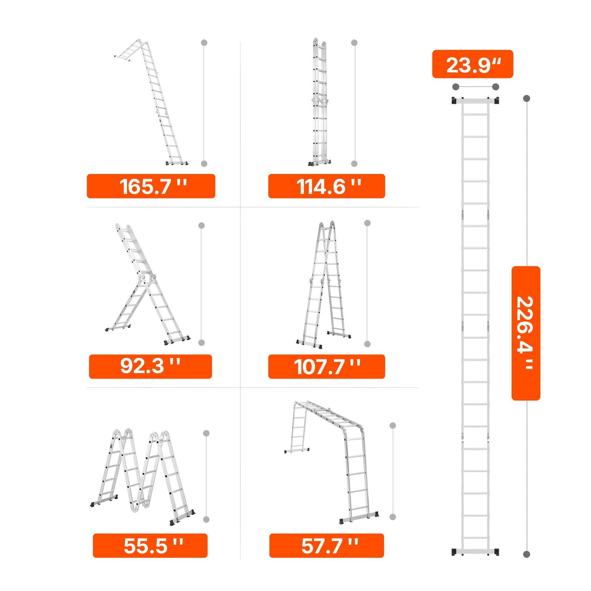 Multi-Purpose Folding Ladder, 7-in-1 Tall Extension Step Ladder, A Frame 5 Step Telescoping Ladder, 19ft Reach Height Heavy Duty Adjustable Ladder, 330 lbs Capacity for Home Outdoor Metal