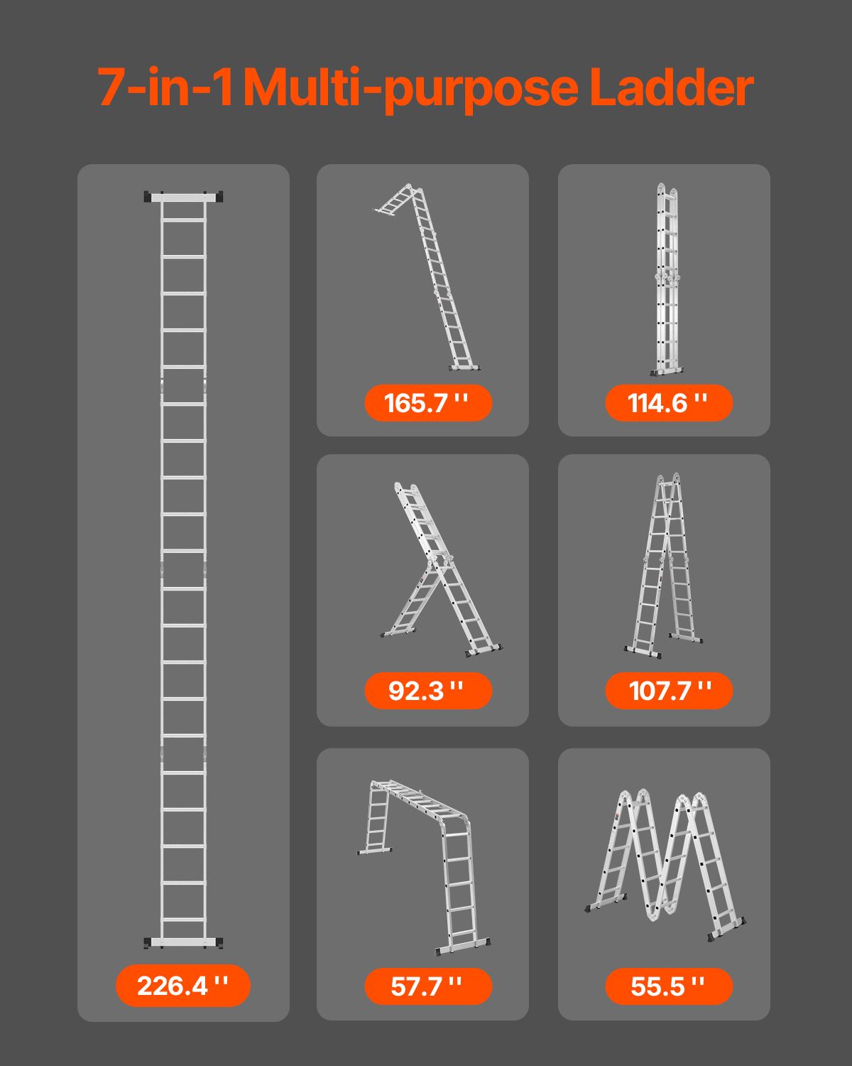 Multi-Purpose Folding Ladder, 7-in-1 Tall Extension Step Ladder, A Frame 5 Step Telescoping Ladder, 19ft Reach Height Heavy Duty Adjustable Ladder, 330 lbs Capacity for Home Outdoor Metal