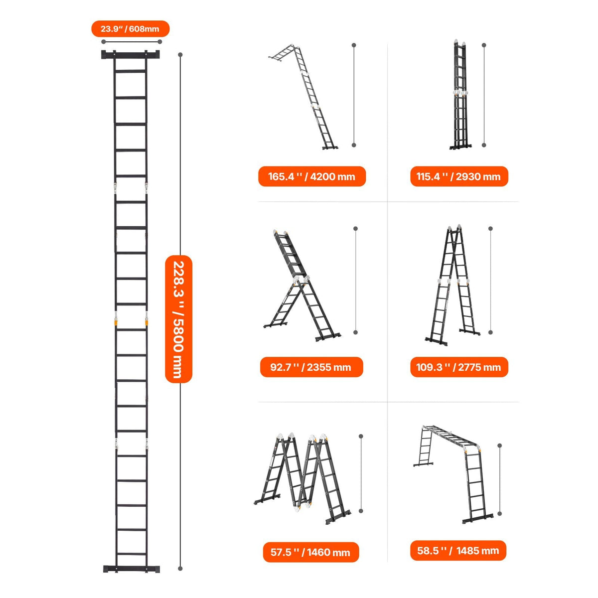 Multi-Purpose Folding Ladder, 7-in-1 Tall Extension Step Ladder, A Frame 5 Step Telescoping Ladder, 19ft Reach Height Heavy Duty Adjustable Ladder, 330 lbs Capacity for Home Outdoor