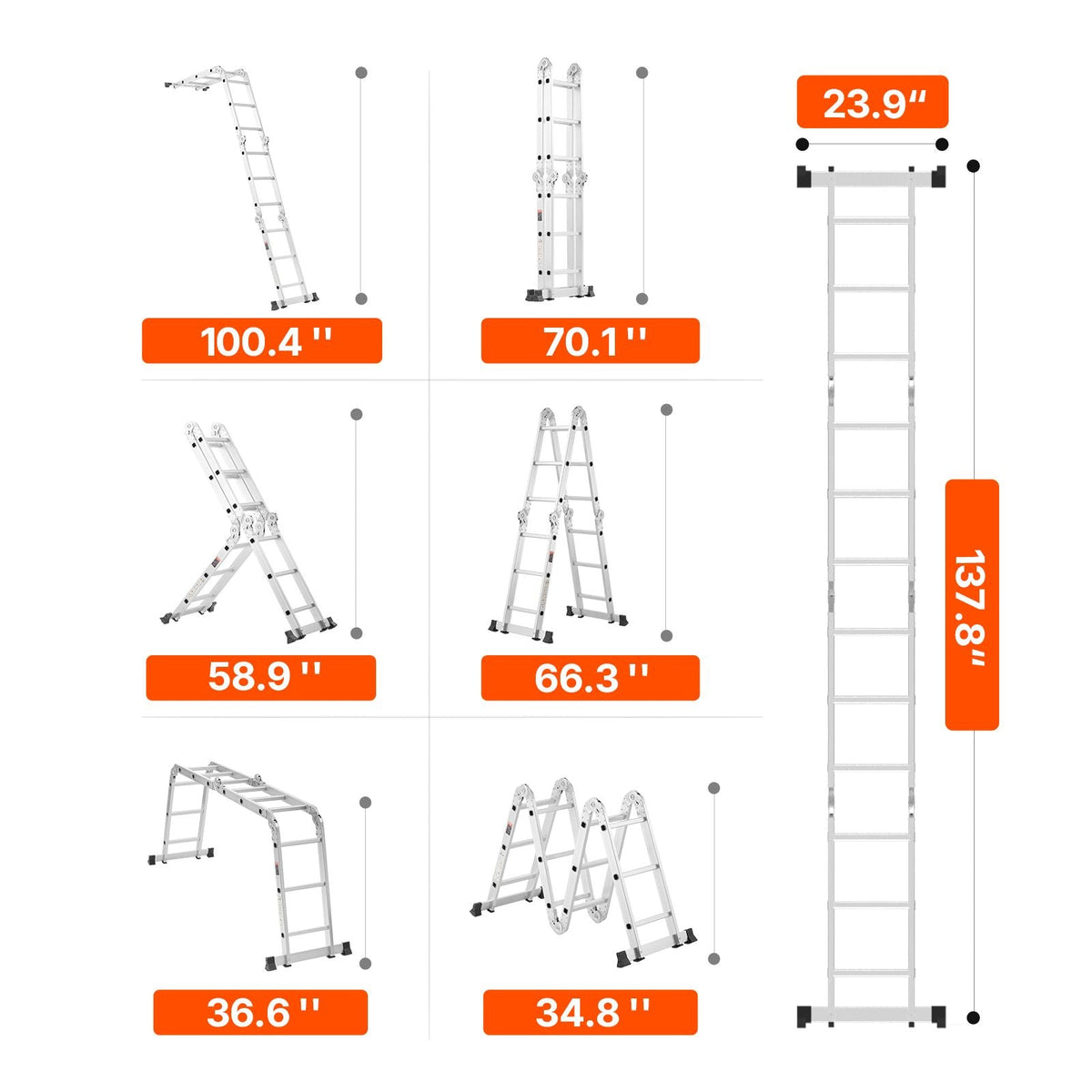 Multi-Purpose Folding Ladder, 7-in-1 Tall Step Ladder, A Frame 3 Step Adjustable Telescoping Ladder, 12ft Reach Height Heavy Duty Extension Ladder, 330 lbs Capacity for Household Outdoor Work