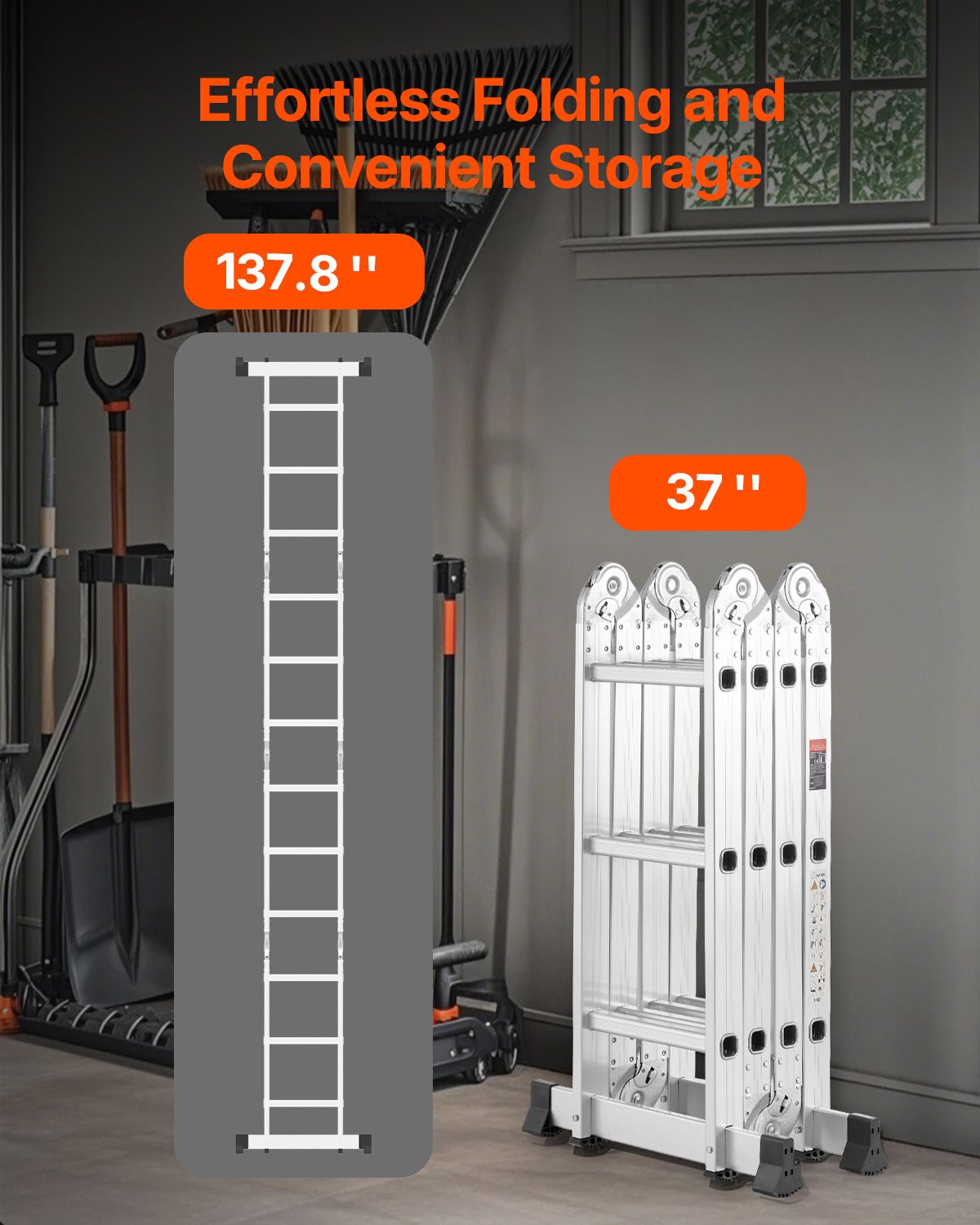Multi-Purpose Folding Ladder, 7-in-1 Tall Step Ladder, A Frame 3 Step Adjustable Telescoping Ladder, 12ft Reach Height Heavy Duty Extension Ladder, 330 lbs Capacity for Household Outdoor Work