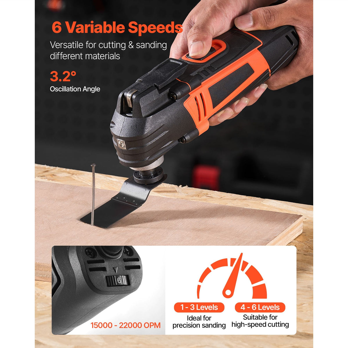 Multitool Oscillating Tool, 3Amps Corded Oscillating Multi Tool with 6 Variable Speeds 15000 - 22000 OPM, 3.2° Oscillating Angle, 13PCS Saw Accessories, LED Work Light & Tool Bag