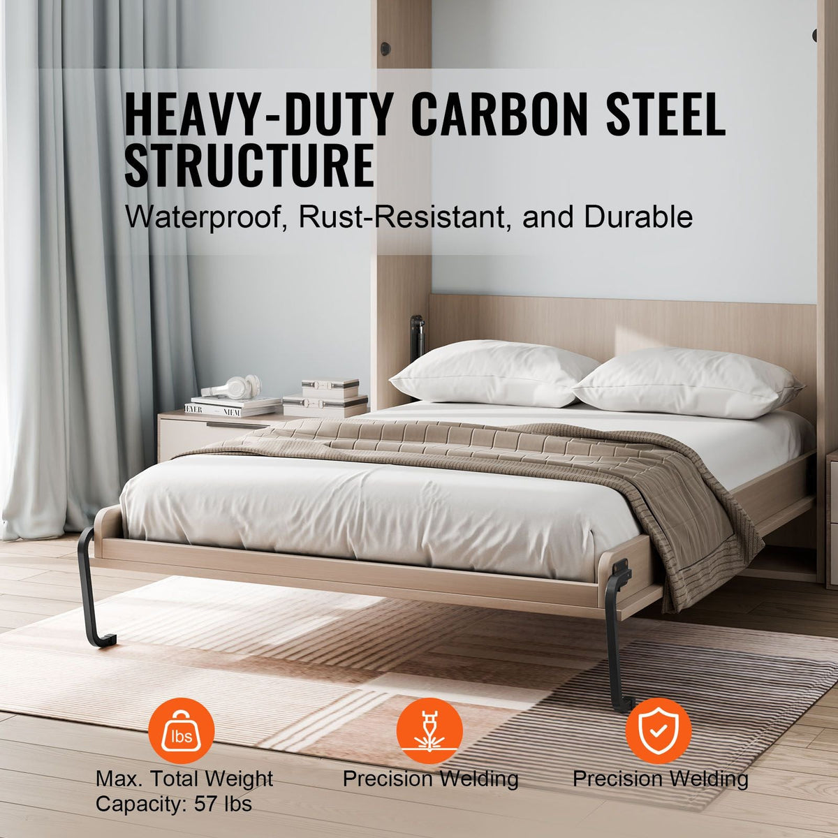 Murphy Bed Kit, Full Size, Vertical Deluxe DIY Wall Bed Mechanical Hardware Kit, Pneumatic Lever Heavy Duty Bed Frame Support, Folding Cabinet Wall Bed Space Saving Design for Guestroom