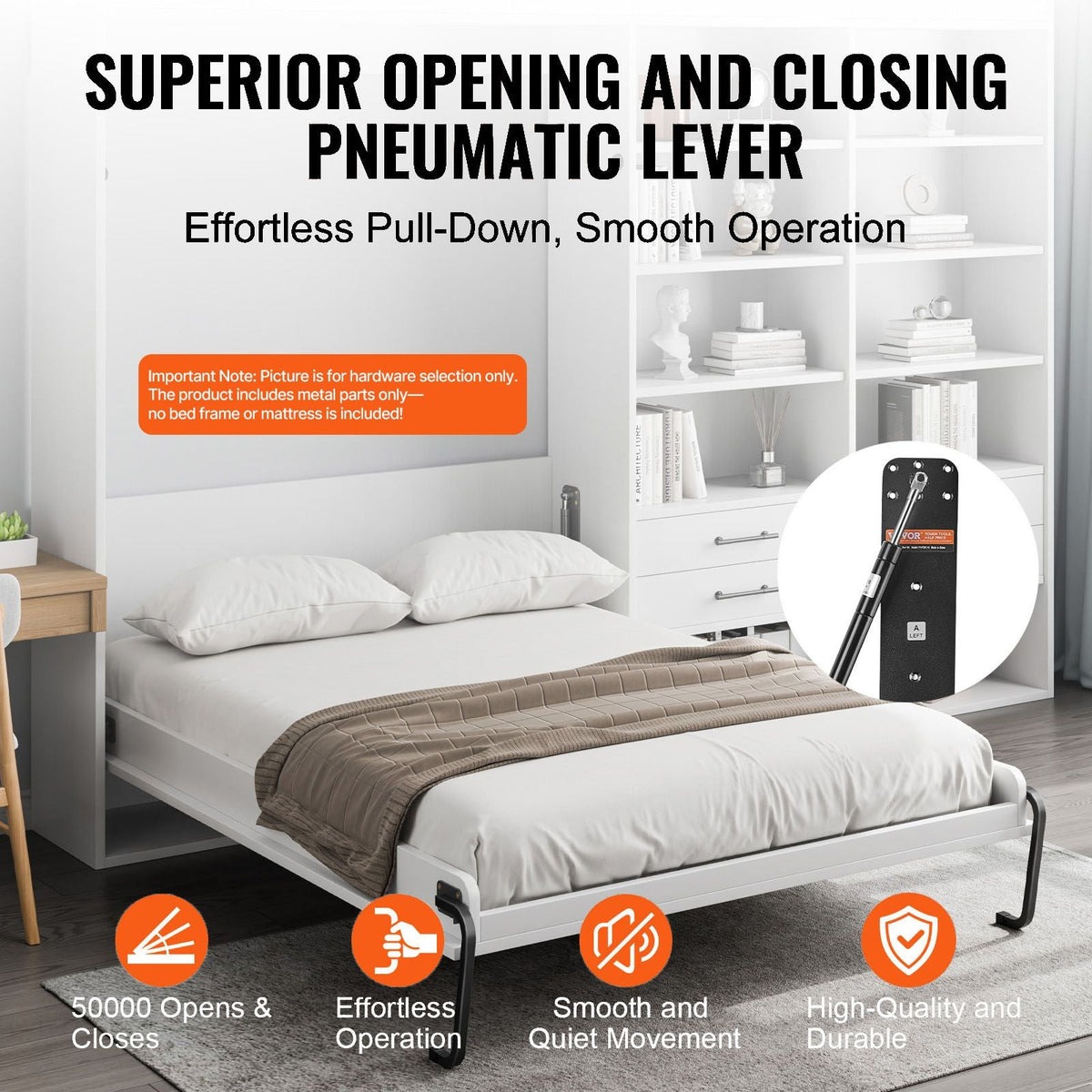 Murphy Bed Kit, Full Size, Vertical Deluxe DIY Wall Bed Mechanical Hardware Kit, Pneumatic Lever Heavy Duty Bed Frame Support, Folding Cabinet Wall Bed Space Saving Design for Guestroom