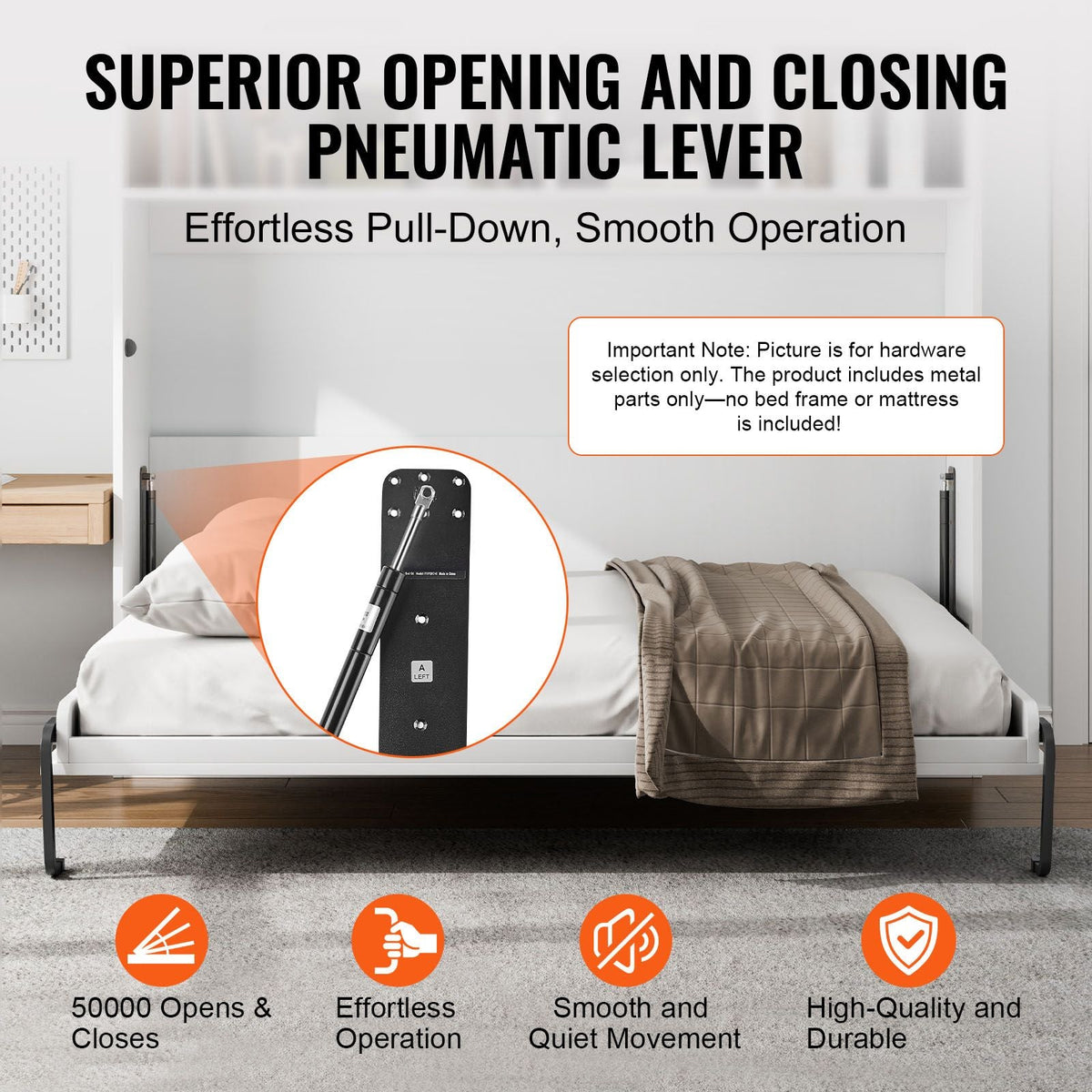 Murphy Bed Kit, Queen Size, Deluxe DIY Wall Bed Mechanical Hardware Kit, Pneumatic Lever Heavy Duty Bed Frame Support, Folding Cabinet Wall Bed Space Saving Design for Guestroom, Easy to Build