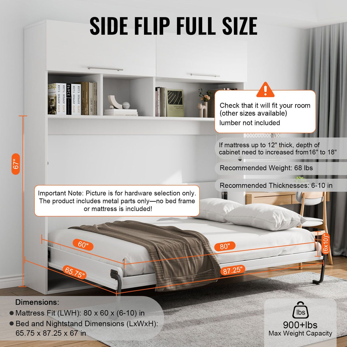 Murphy Bed Kit, Queen Size, Deluxe DIY Wall Bed Mechanical Hardware Kit, Pneumatic Lever Heavy Duty Bed Frame Support, Folding Cabinet Wall Bed Space Saving Design for Guestroom, Easy to Build