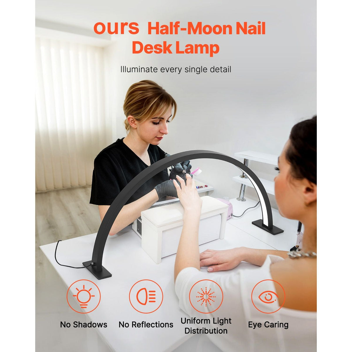 Nail Desk Light, 30 W Half Moon Desk Lamp with Phone Holder, Adjustable Brightness and Color Temperature, Arched LED Table Light for Nail Tech, Tattoo Artists, Beauty, Eyelash Extensions
