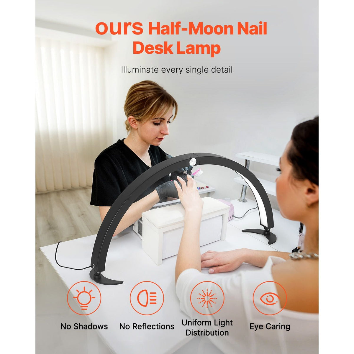 Nail Desk Light, 40 W Half Moon Desk Lamp with Phone Holder, Adjustable Brightness and Color Temperature, Arched LED Table Light for Nail Tech, Tattoo Artists, Beauty, Eyelash Extensions