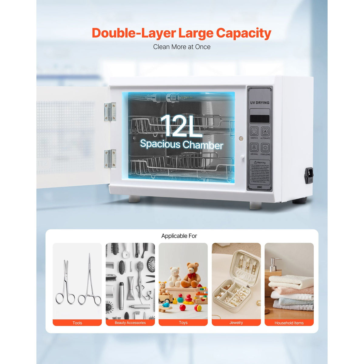 Nail Tool Cleaning Machine, 12L Large Capacity, Multi-Functional Tool Cabinet Cleaner Box with Timer Setting, Tempered Glass Door, 185nm Wavelength, for Labs, Home, Nail Salons, Beauty Salons