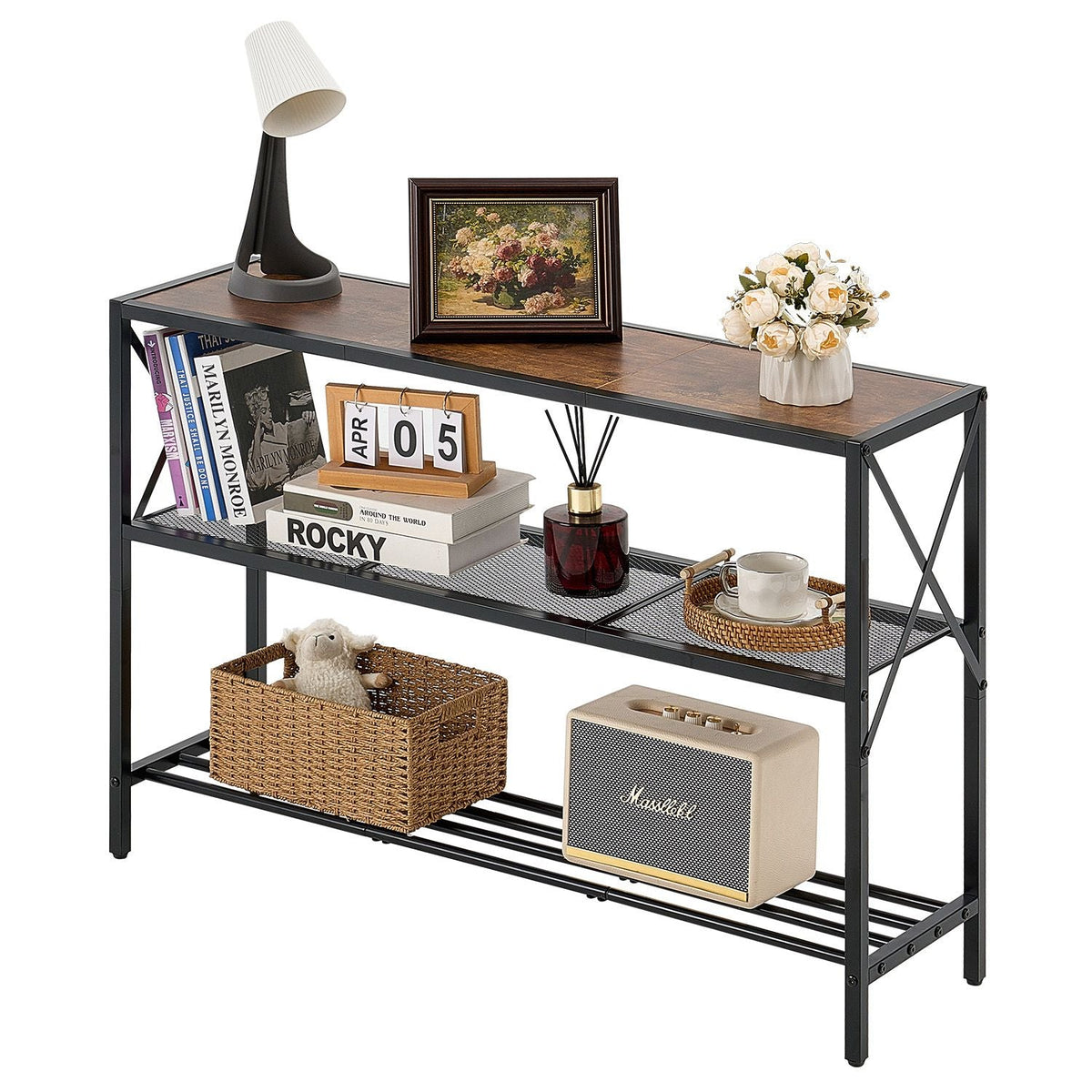Narrow Console Sofa Table, 41.7 inches Behind Couch Table, 3-Tier Long Entryway Table and Skinny Hallway Table, Narrow Sofa Table with Metal Frame, for Entryway, Hallway, Living Room & Bedroom