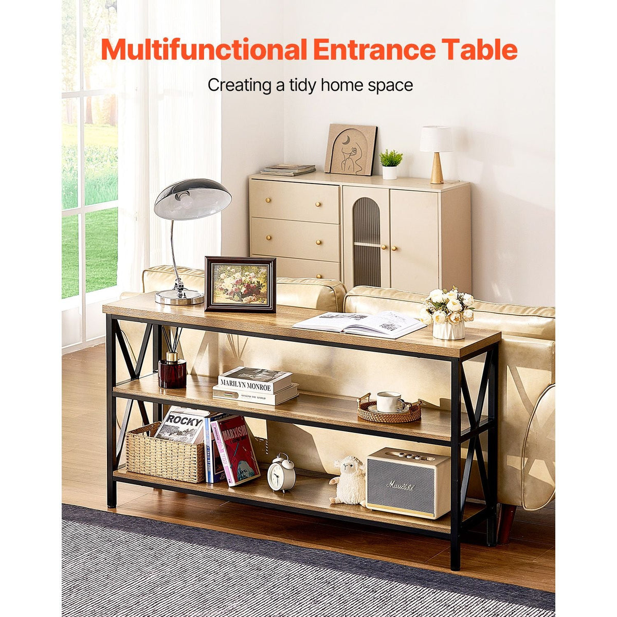 Narrow Console Sofa Table, 55.1 inches Behind Couch Table, 3-Tier Long Entryway Table and Skinny Hallway Table, Narrow Sofa Table with Metal Frame, for Entryway, Hallway, Living Room & Bedroom