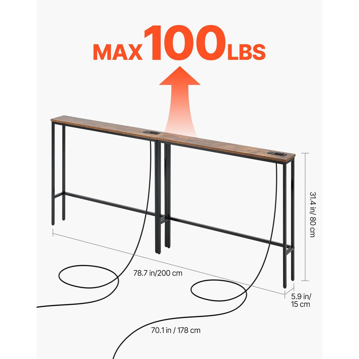 Narrow Console Table, 2 Pack Behind Couch Table with Power Outlets, 1-Tier Long Entryway Table, Narrow Sofa Table with Metal Frame and Charge Station, for Entryway, Hallway, Living Room