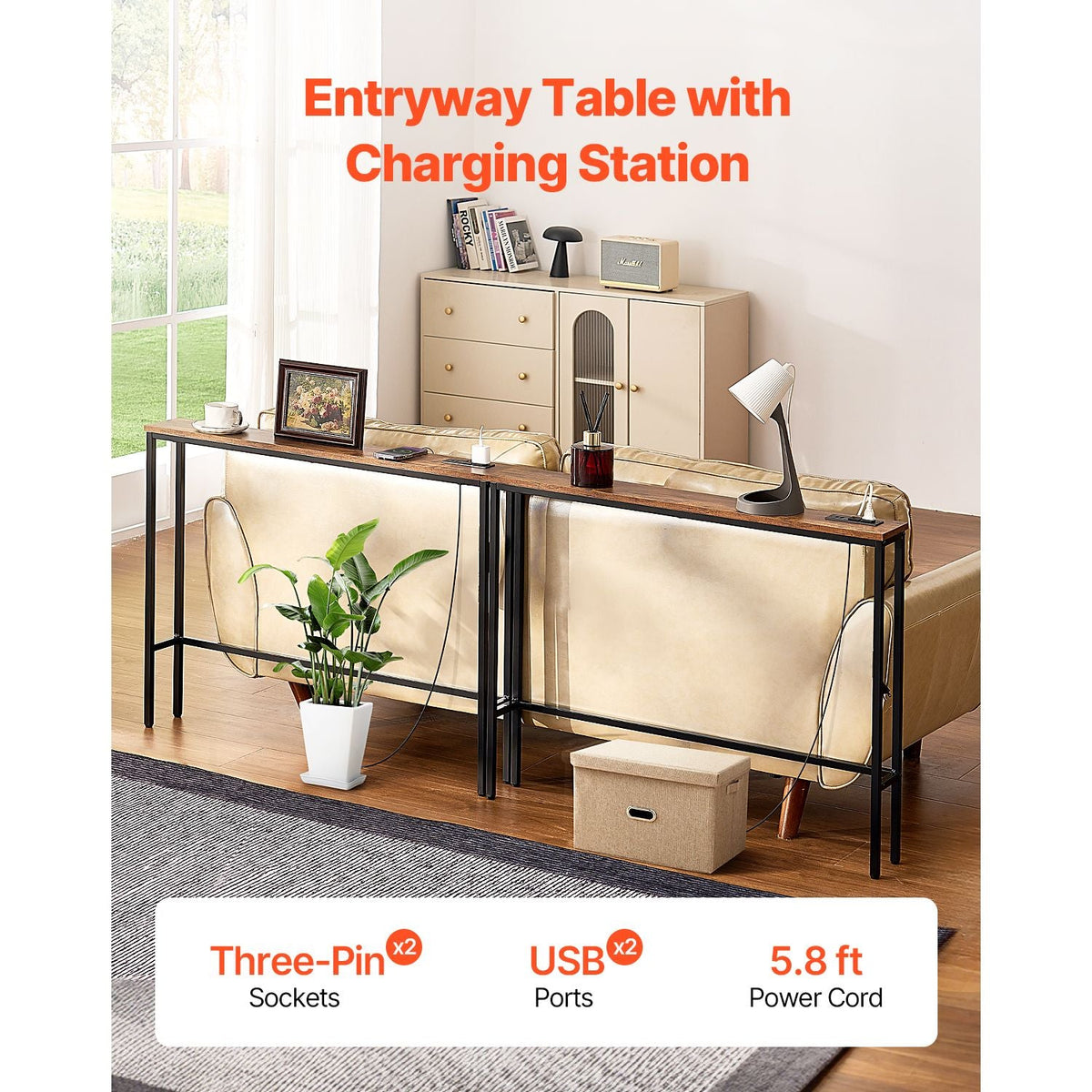 Narrow Console Table, 2 Pack Behind Couch Table with Power Outlets, 1-Tier Long Entryway Table, Narrow Sofa Table with Metal Frame and Charge Station, for Entryway, Hallway, Living Room