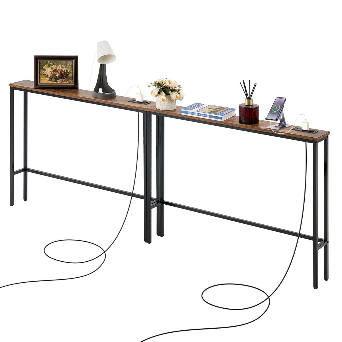 Narrow Console Table, 2 Pack Behind Couch Table with Power Outlets, 1-Tier Long Entryway Table, Narrow Sofa Table with Metal Frame and Charge Station, for Entryway, Hallway, Living Room