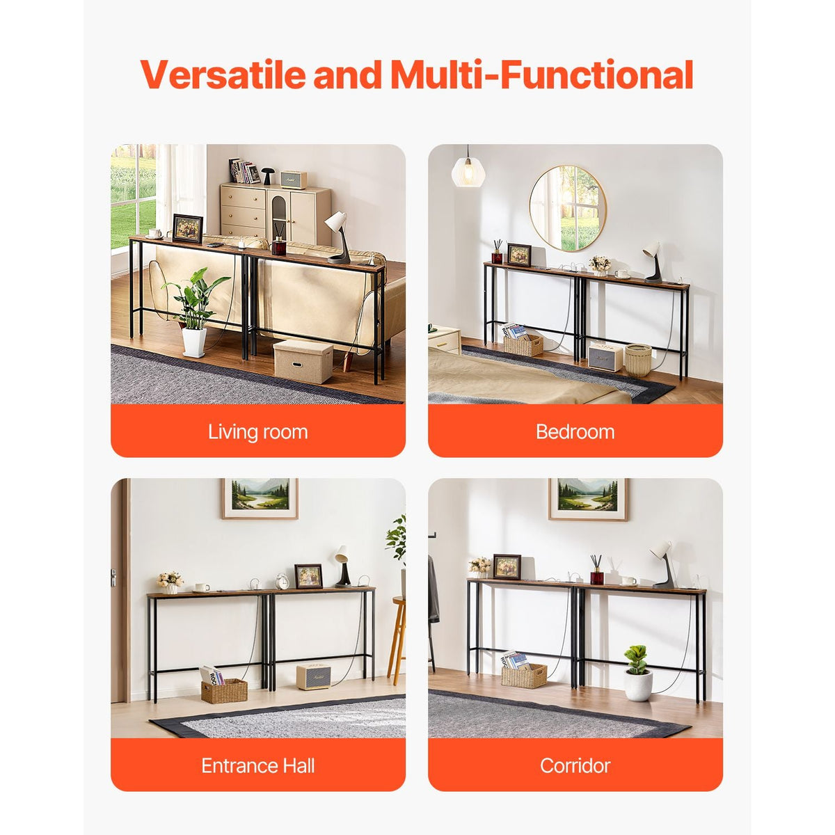 Narrow Console Table, 2 Pack Behind Couch Table with Power Outlets, 1-Tier Long Entryway Table, Narrow Sofa Table with Metal Frame and Charge Station, for Entryway, Hallway, Living Room