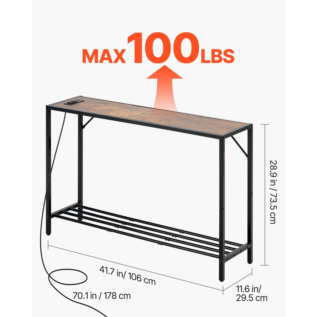Narrow Console Table, 41.7" Behind Couch Table with Power Outlets, 2-Tier Long Entryway Table, Sofa Table with Metal Frame and Charge Station, for Entryway, Hallway, Living Room