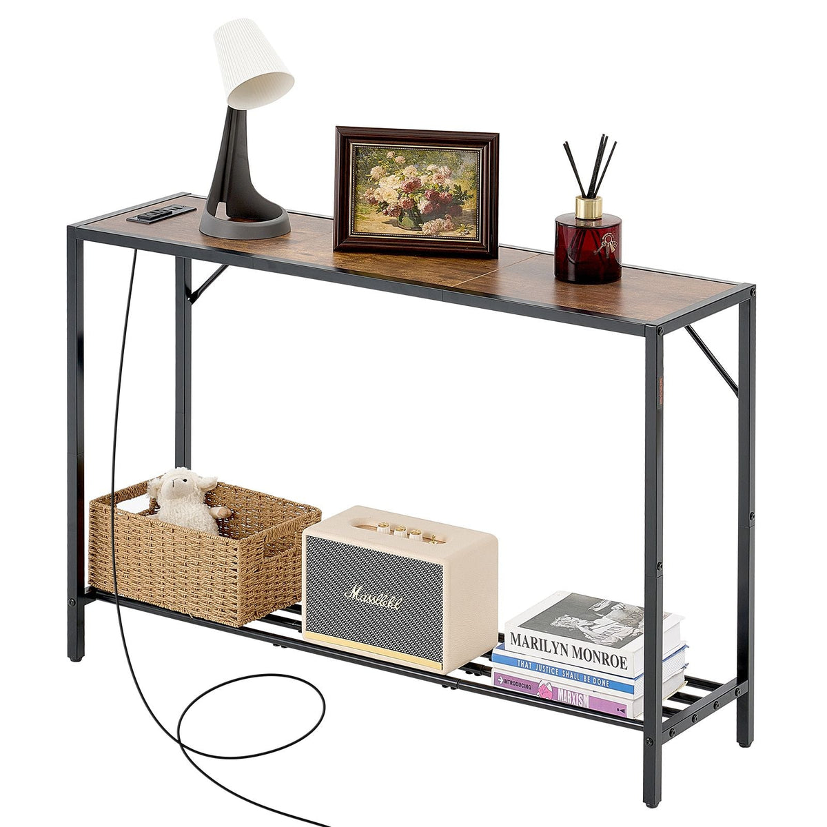 Narrow Console Table, 41.7" Behind Couch Table with Power Outlets, 2-Tier Long Entryway Table, Sofa Table with Metal Frame and Charge Station, for Entryway, Hallway, Living Room