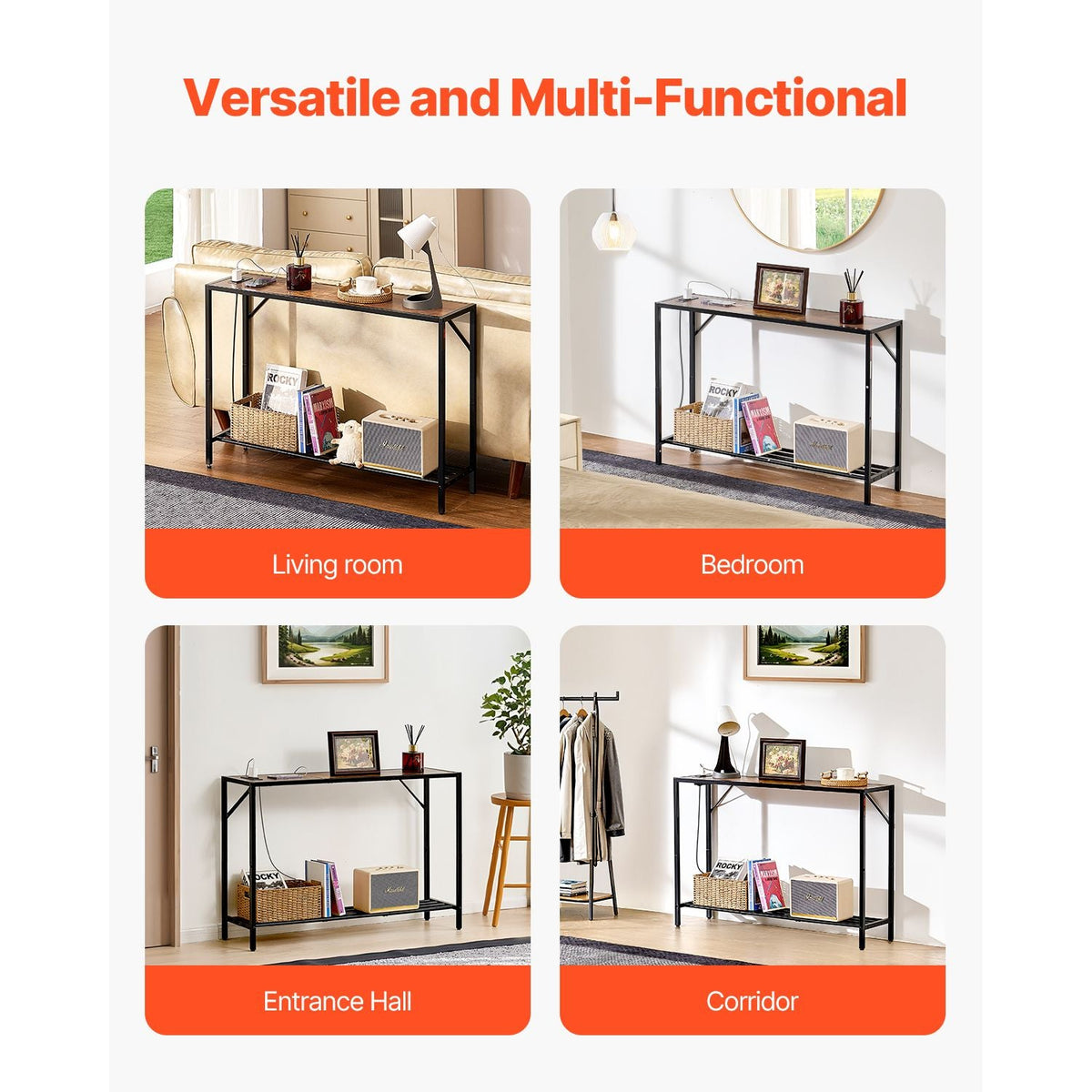 Narrow Console Table, 41.7" Behind Couch Table with Power Outlets, 2-Tier Long Entryway Table, Sofa Table with Metal Frame and Charge Station, for Entryway, Hallway, Living Room