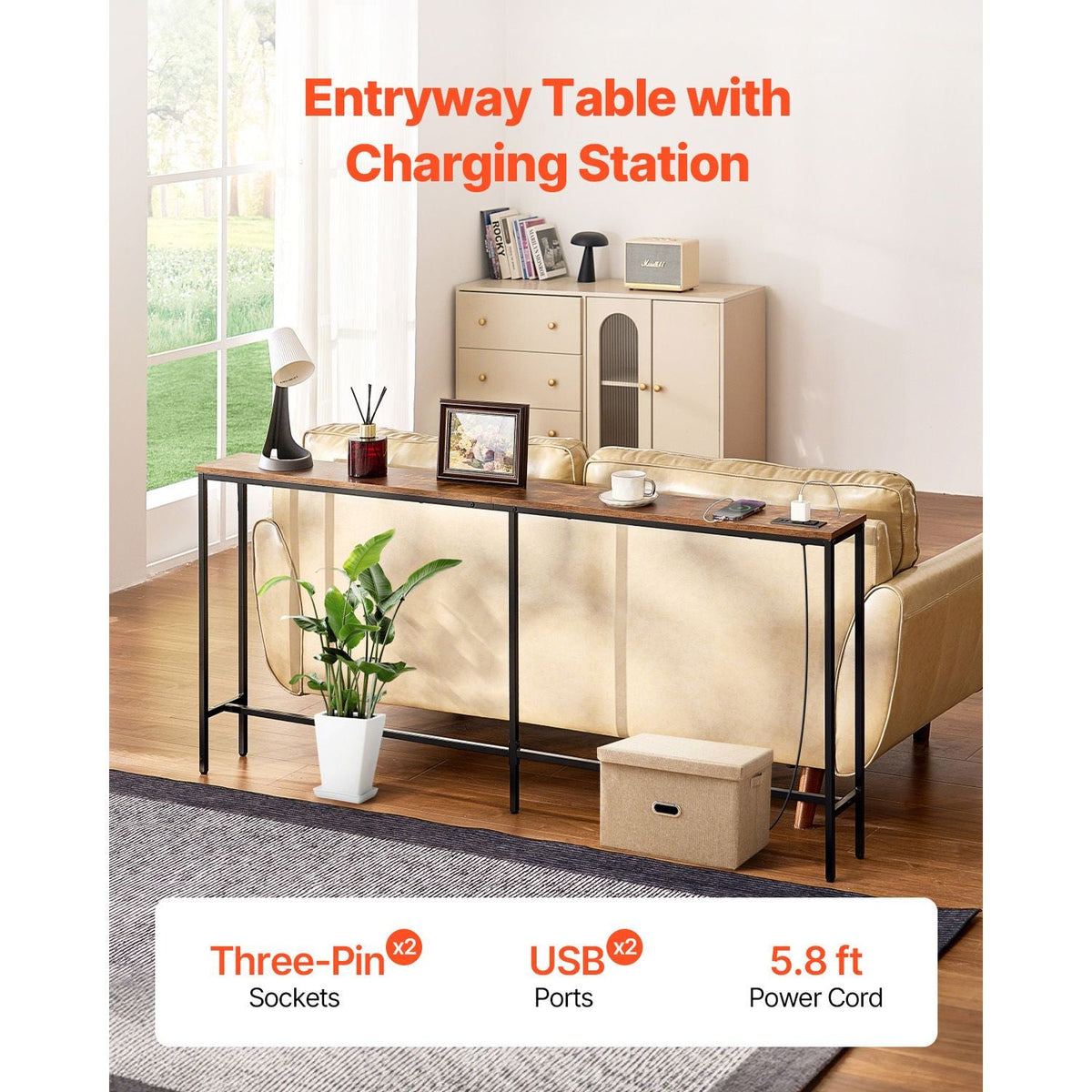Narrow Console Table, 70.9" Behind Couch Table with Power Outlets, 1-Tier Long Entryway Table, Narrow Sofa Table with Metal Frame and Charge Station, for Entryway, Hallway, Living Room